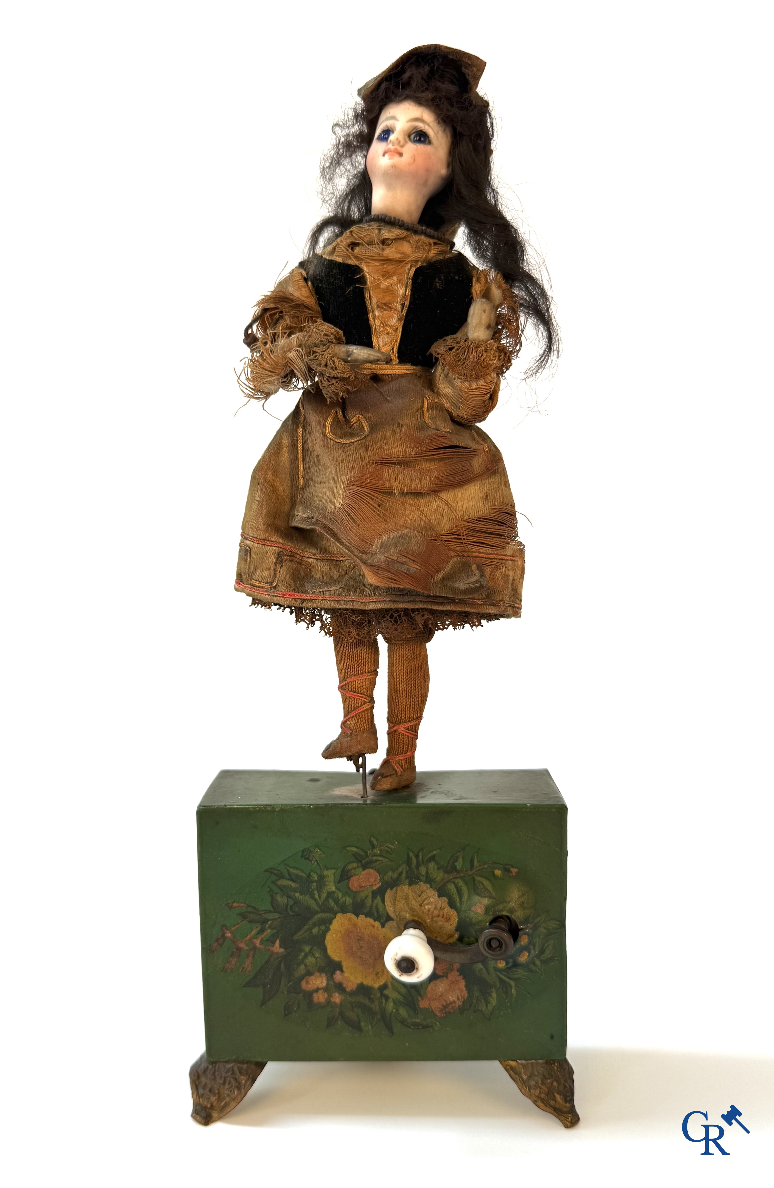 Old toys, automaton with music, doll with head in biscuit on painted music box, French work circa 1910.