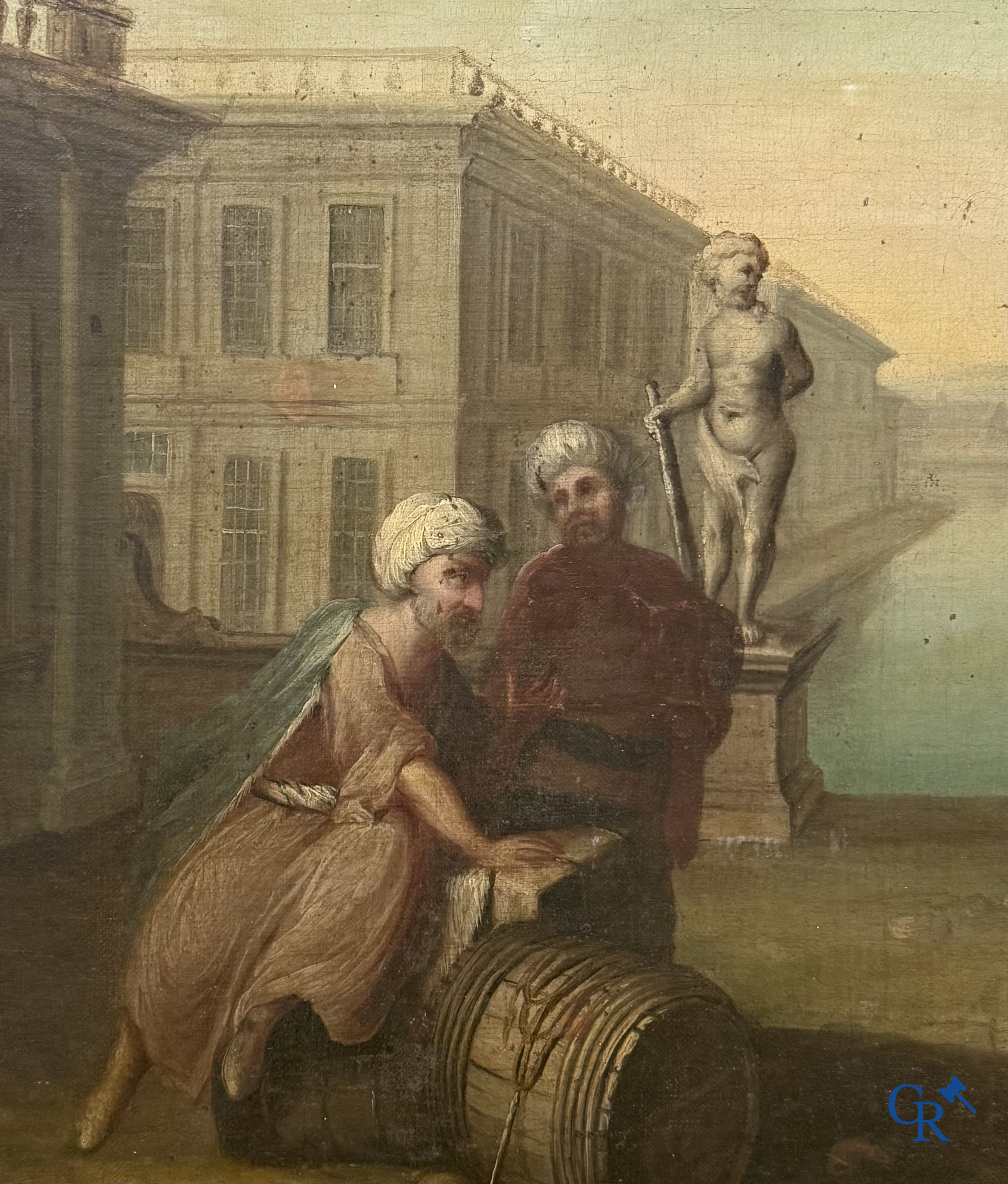 Painting. Harbour view with a Dutch flagship. Oil on canvas, 18th century.