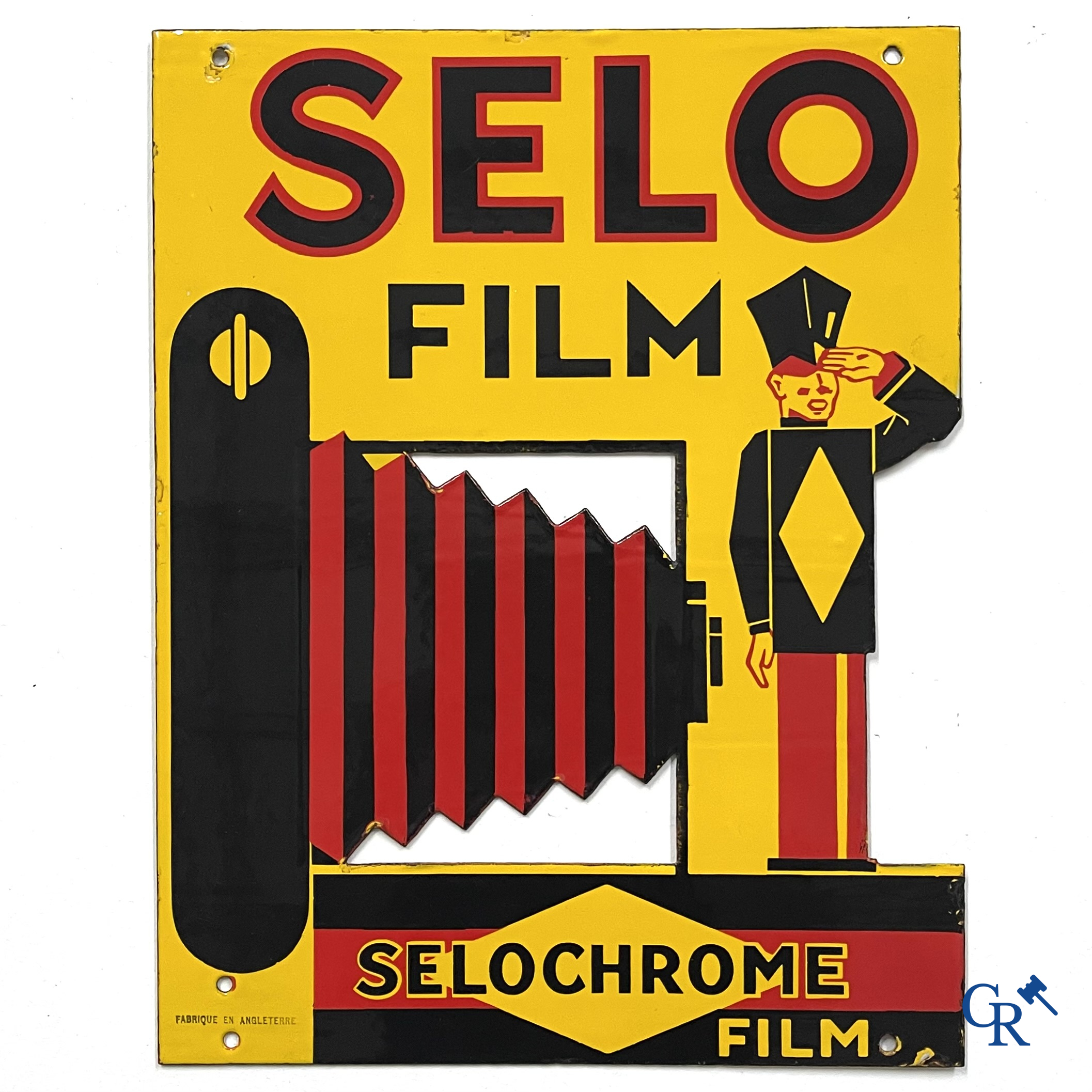 Selo Film, dubbelzijdig geëmailleerd publiciteitsbord voor filmrollen Selochrome. Fabrique en Angleterre. Jaren '30.