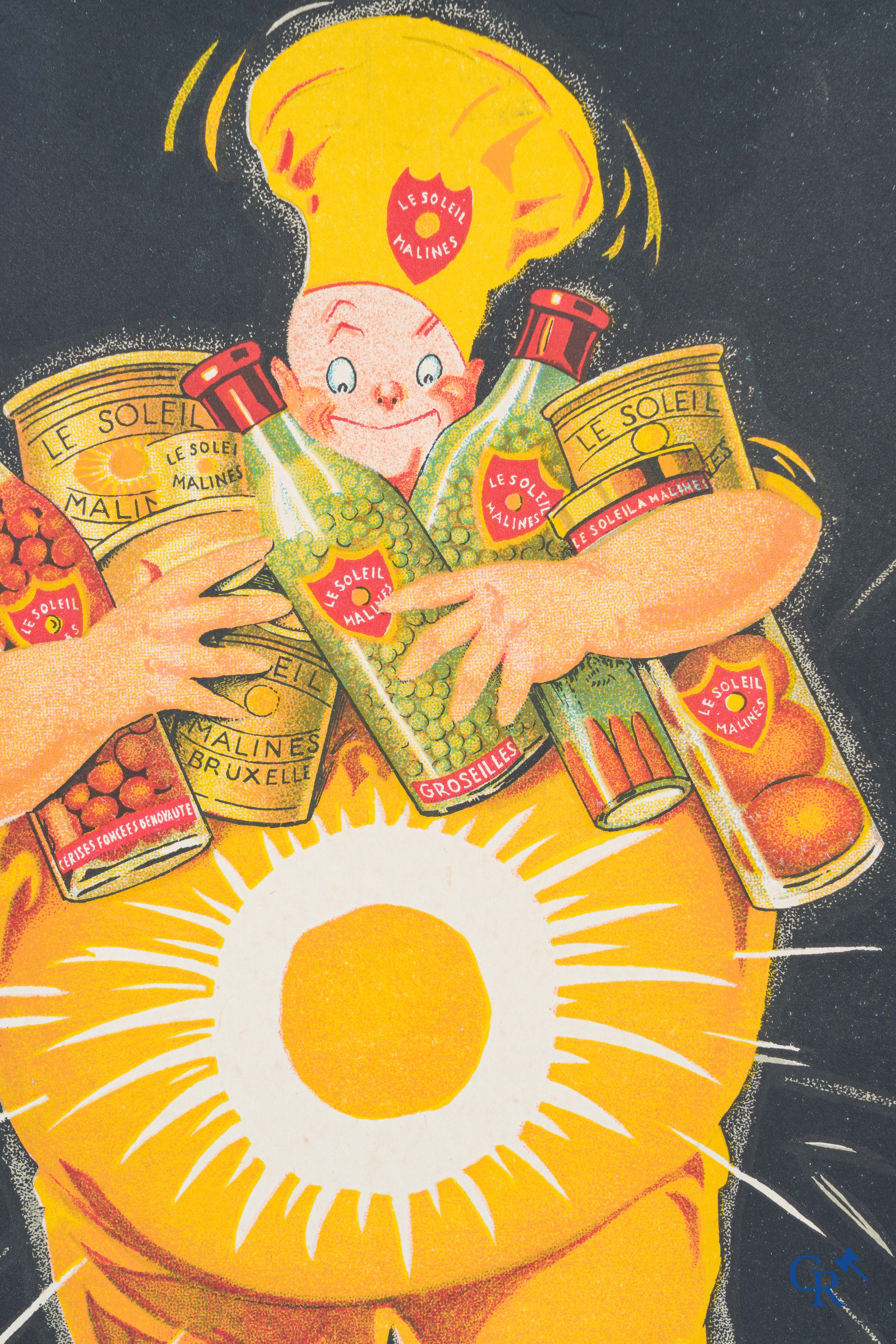 Conserves "Le Soleil" Malines, Publicité sur carton. Arcitaire, Liége, Paris. Signé Henry Fournier.