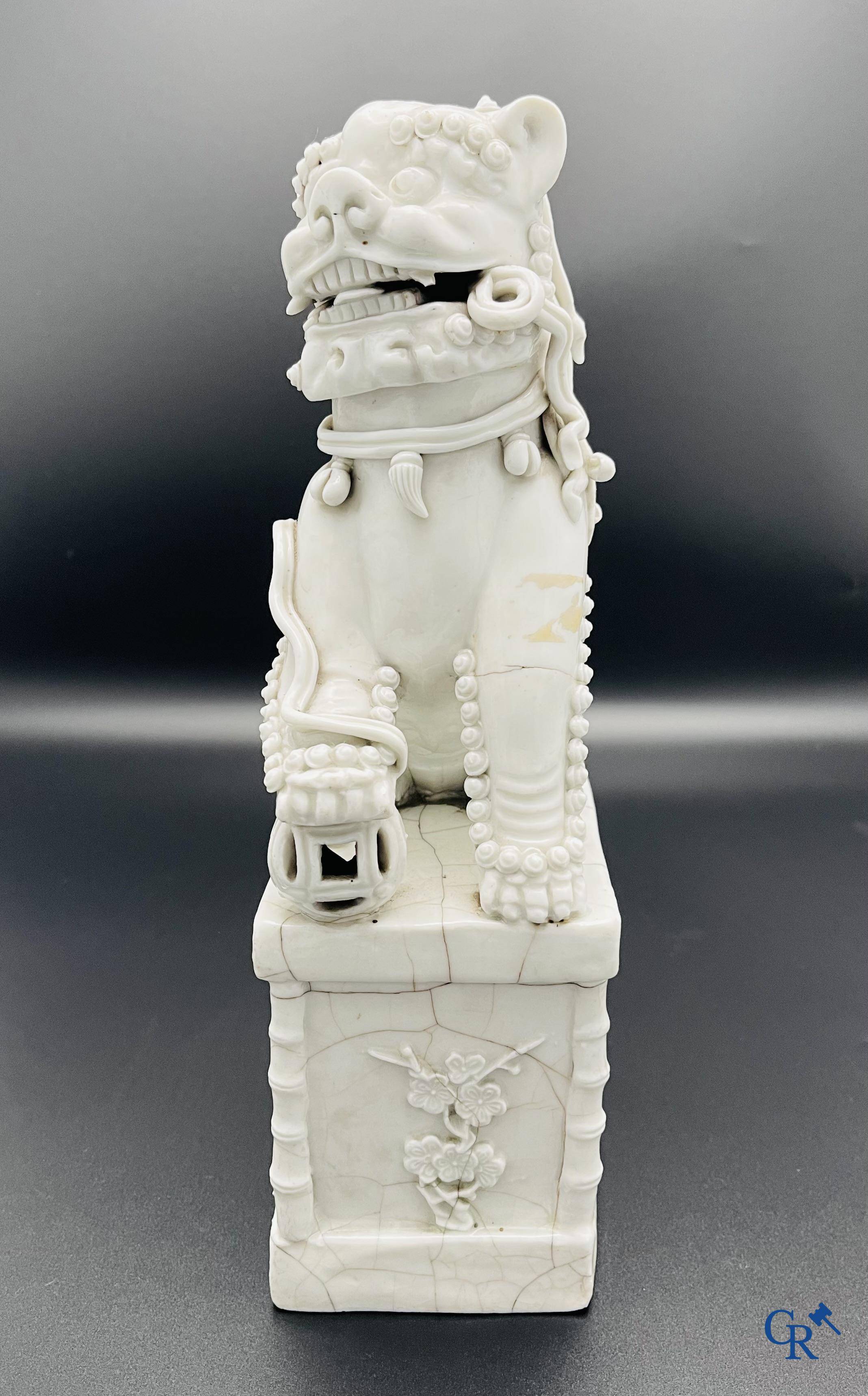 Porcelaine chinoise: Un lion bouddhiste et un groupe en blanc de Chine.