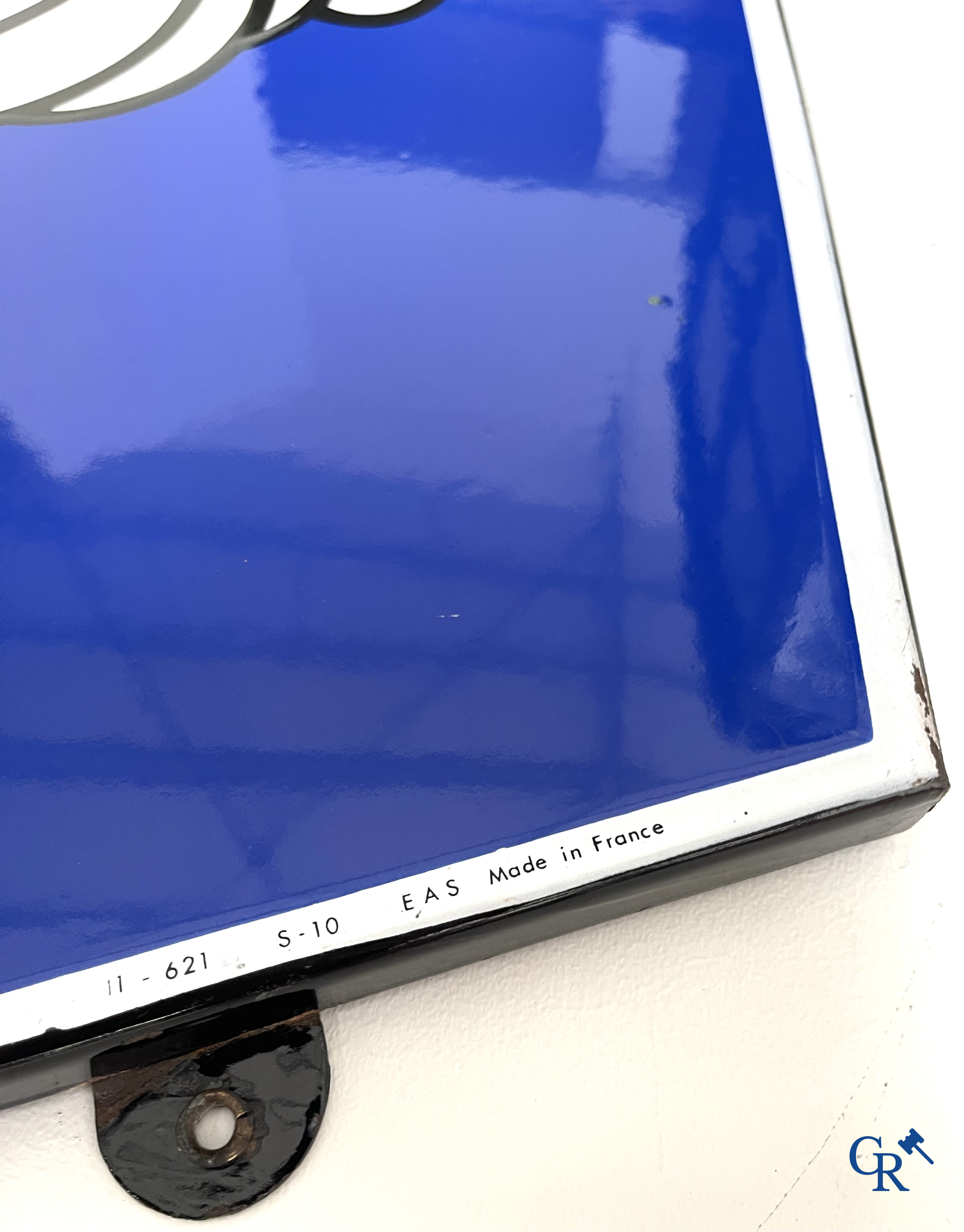 Michelin, Large enamel advertising sign of the running Bibendum with tire. Emaillerie Alsacienne Strasbourg.