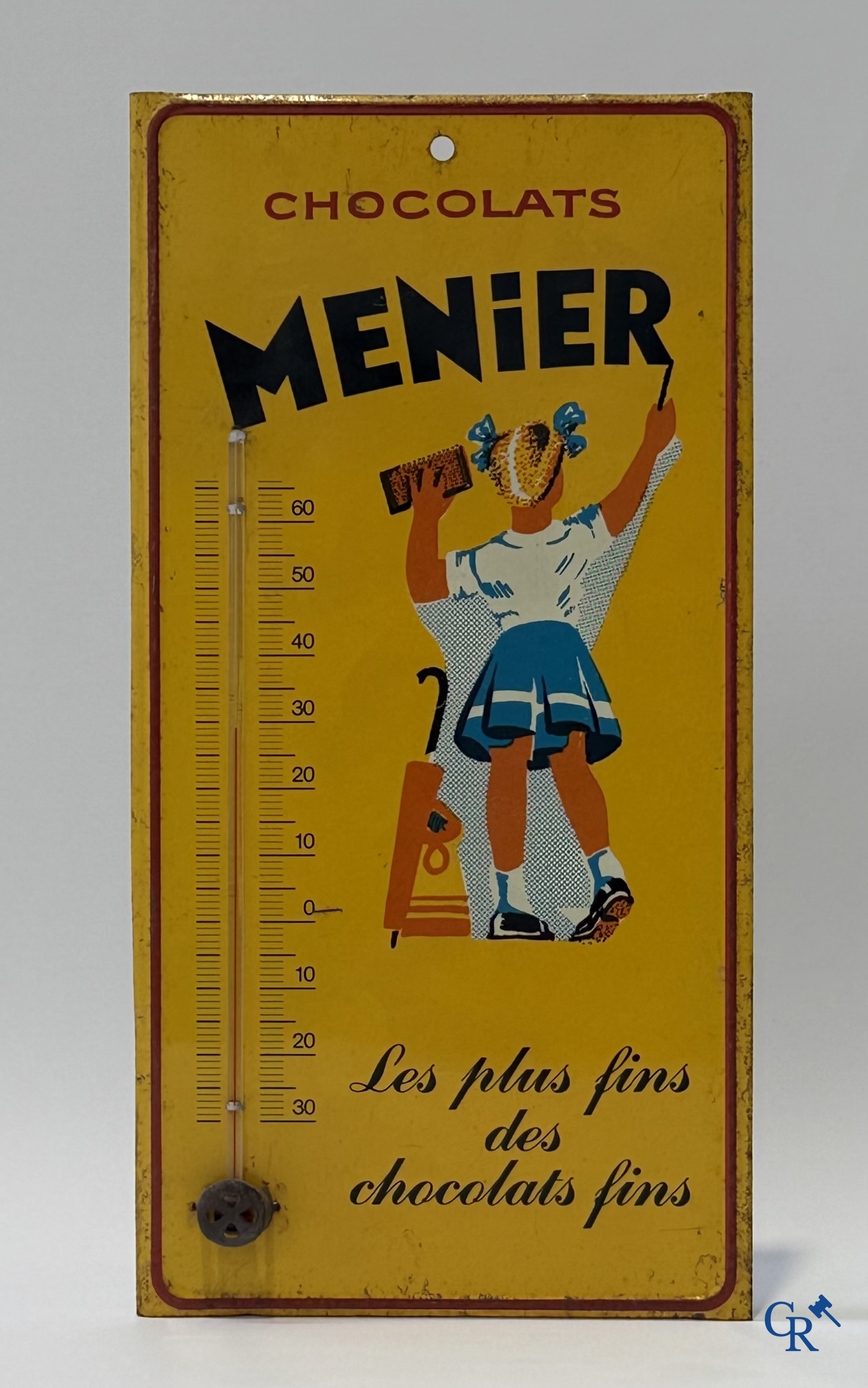 Menier, "Les plus fins des chocolats fins" publicity thermometer printed on metal. Probably 1960's.