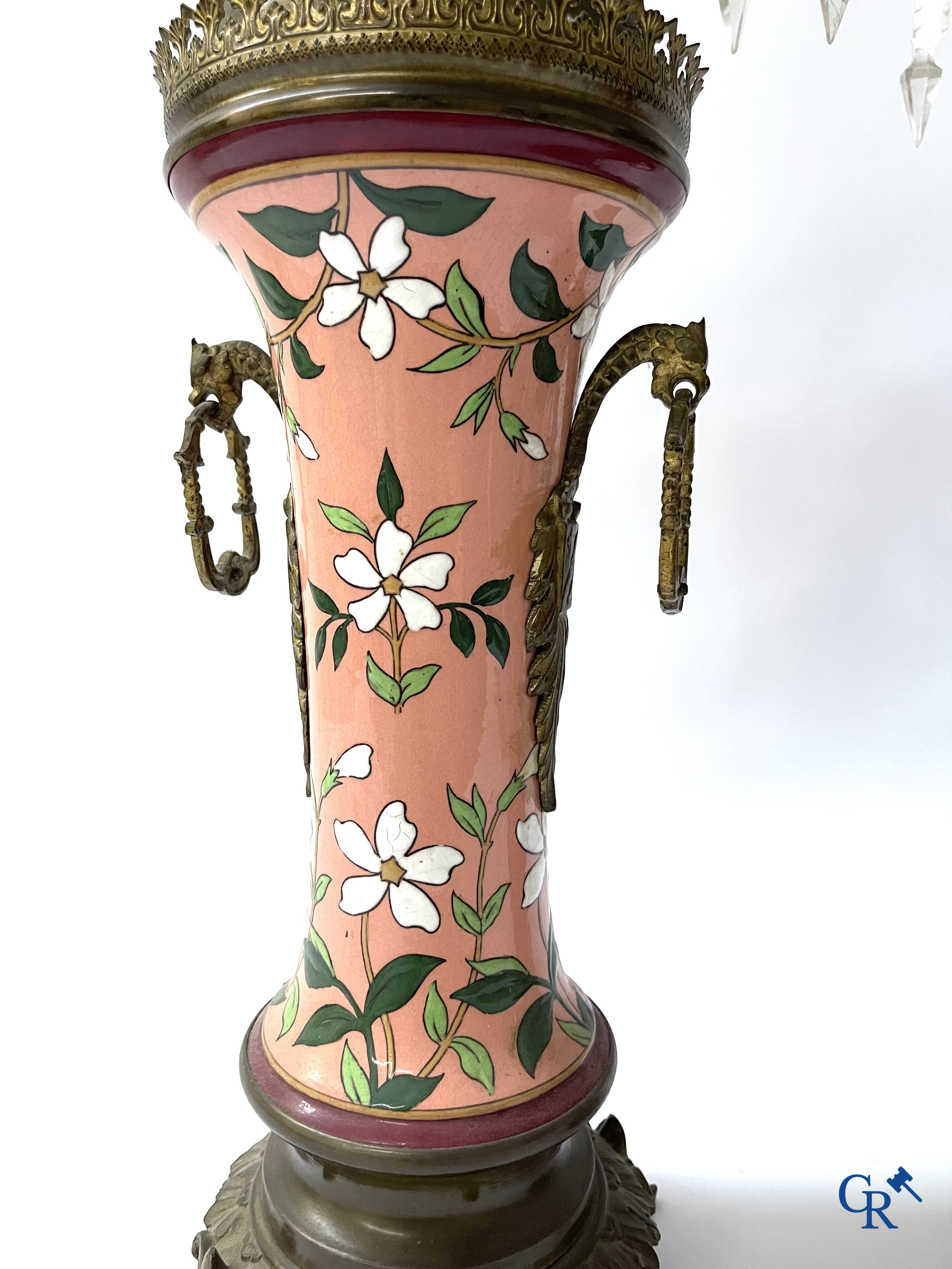 A large 3-piece fireplace set in enamelled faience and bronze. Art Nouveau. Circa 1900.