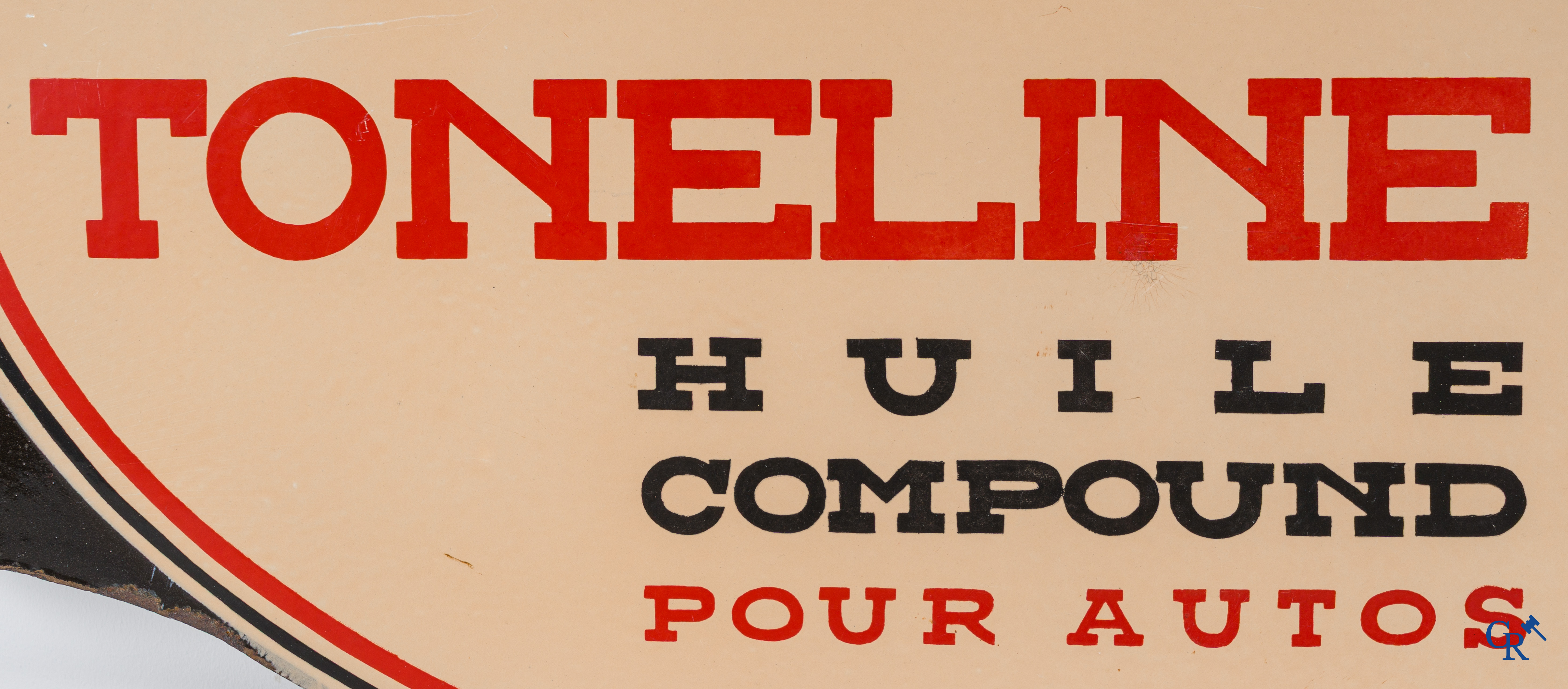 Toneline, Double-sided enamelled advertising sign with a greyhound. Huile compound pour autos. Circa 1930.
