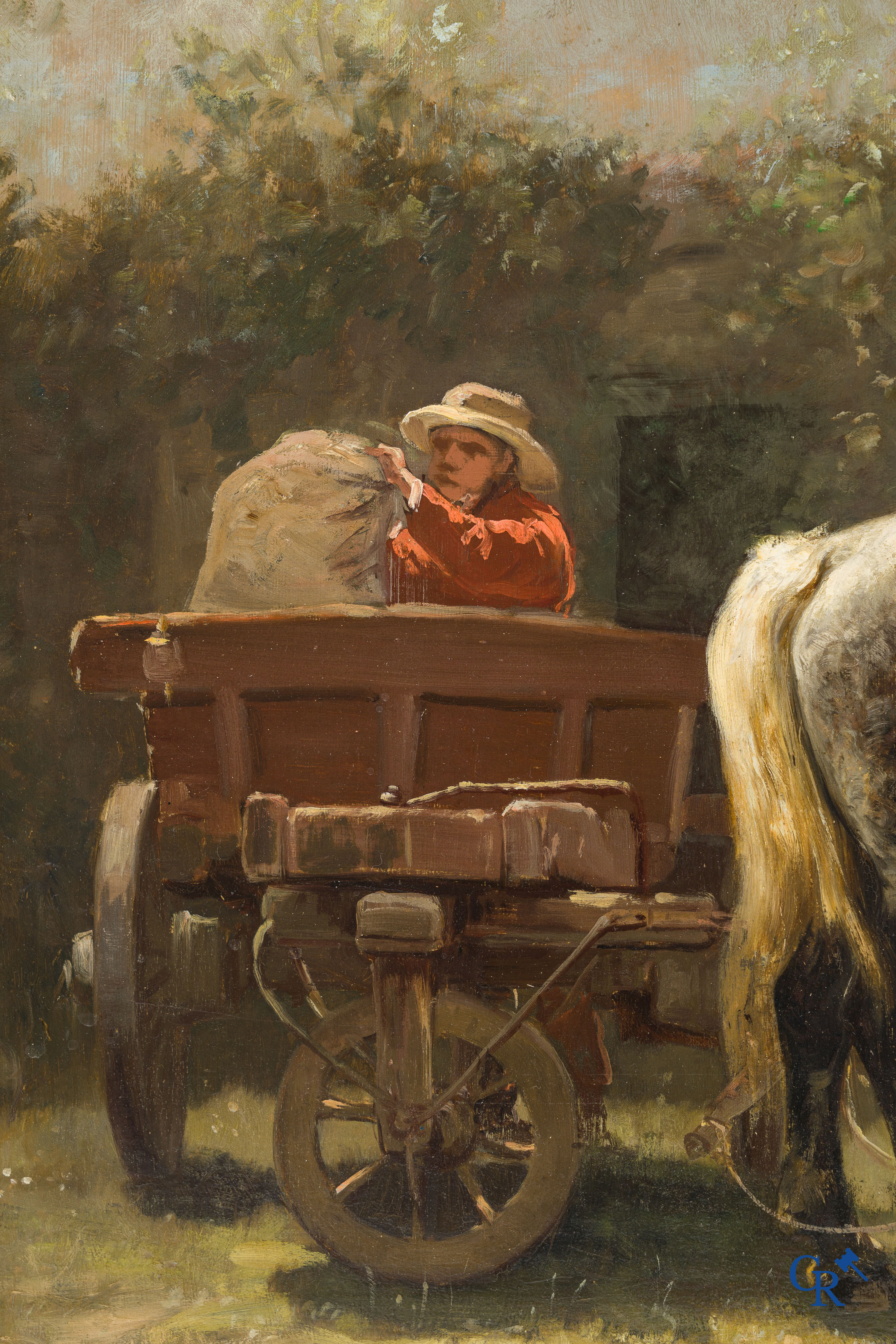 Edmond de Pratere (Kortrijk 1826 - Elsene 1888) "Op de Boerderij" Olie op mahoniehout. Gesigneerd.