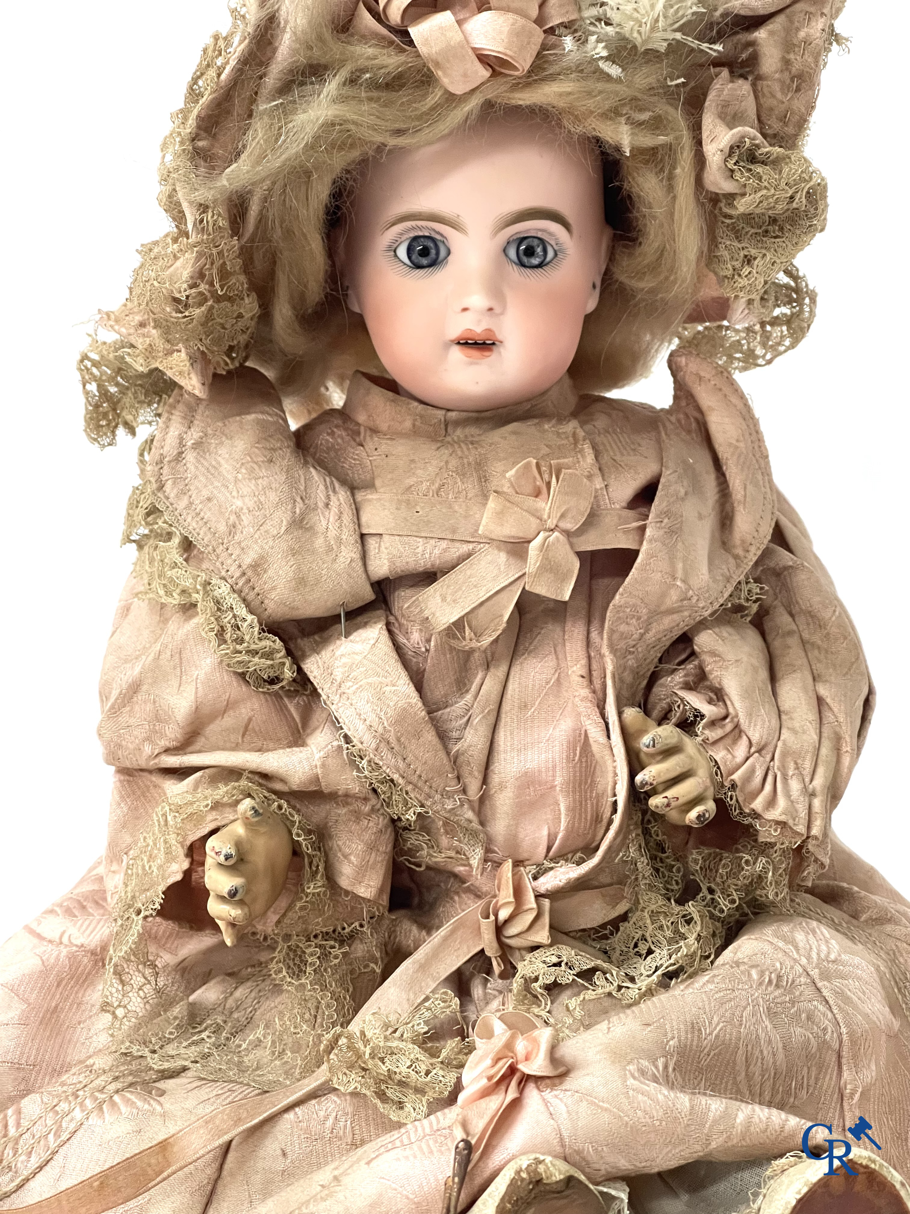 Old toys. Jumeau doll with porcelain head. Numbered 8, original clothing and shoes.