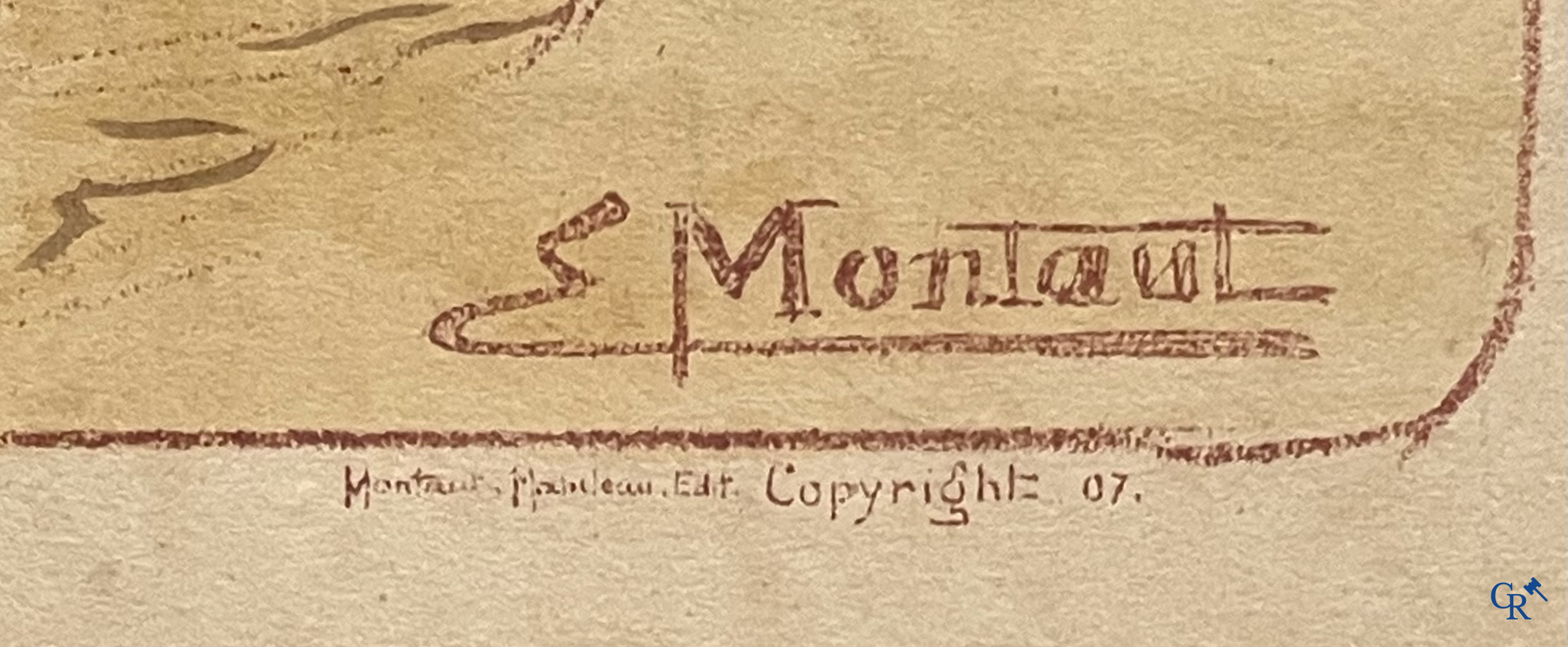 Ernest Montaut. "Course Automobile" Kleuren lithografie. Montaut Mabileau Editeur, 1907.