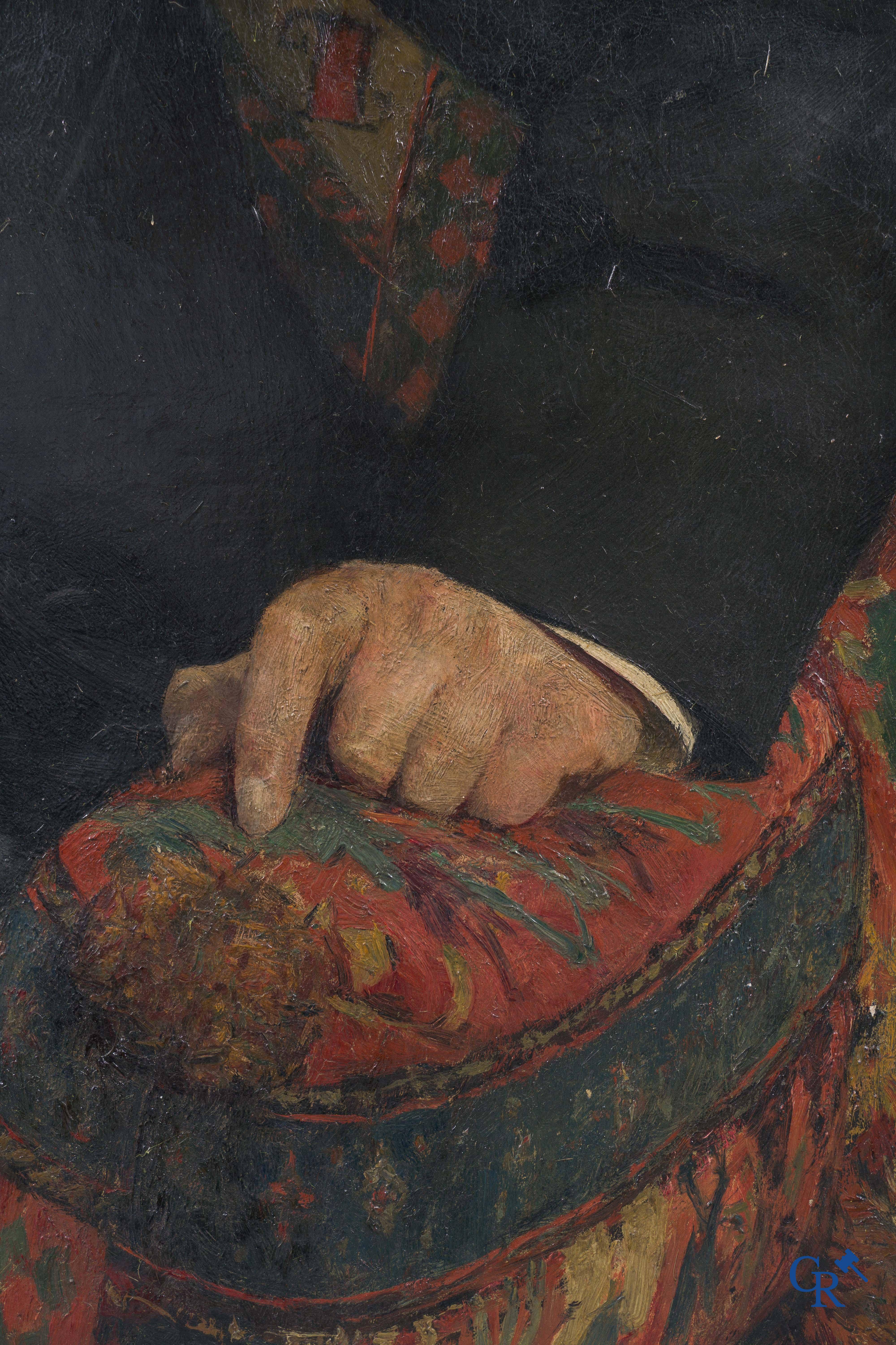 Evariste Carpentier (Kuurne 1845-Liège 1922) Large portrait painting of an art lover in a richly decorated interior.