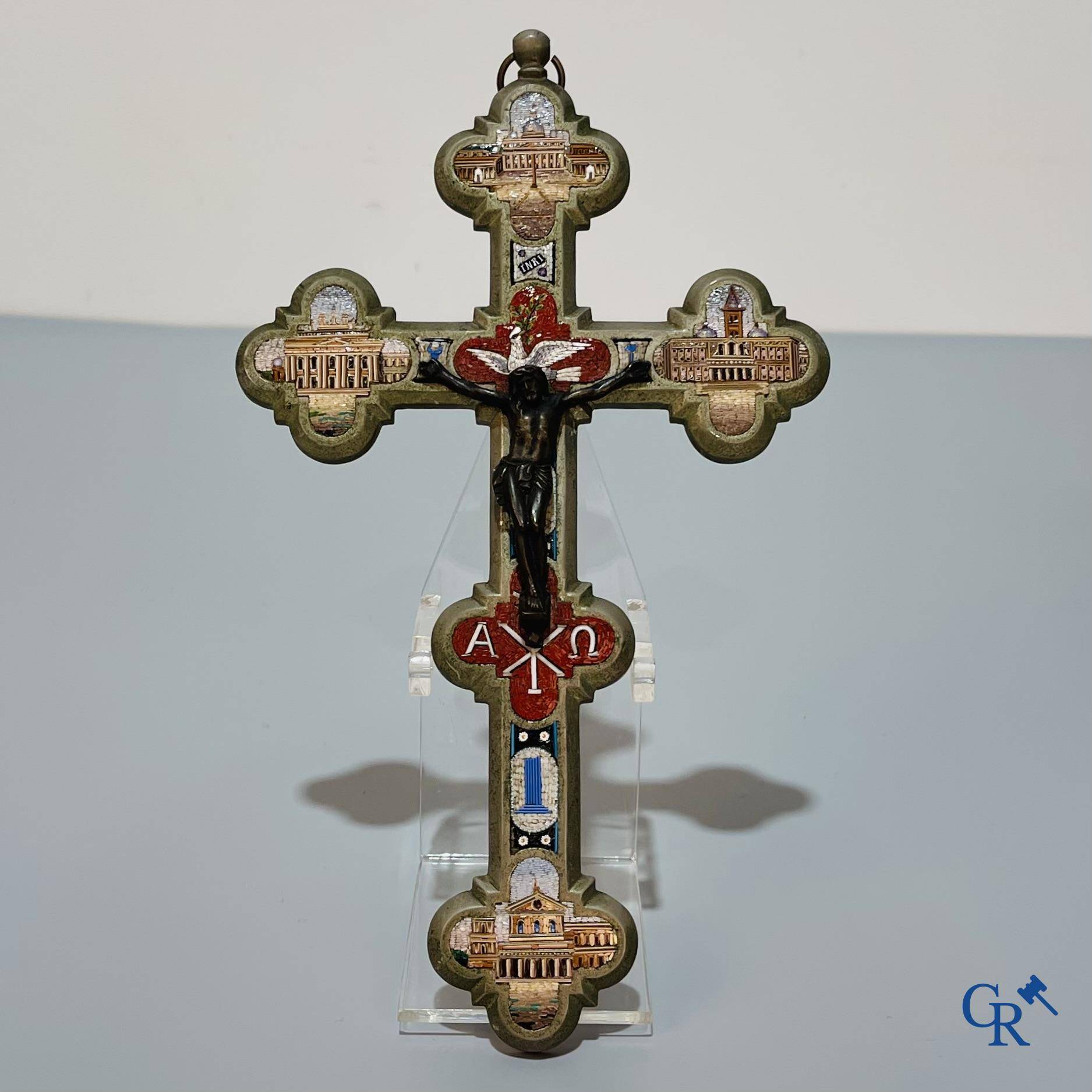 Religious objects, a bronze cross with finely inlaid micro mosaic. Late 19th century.