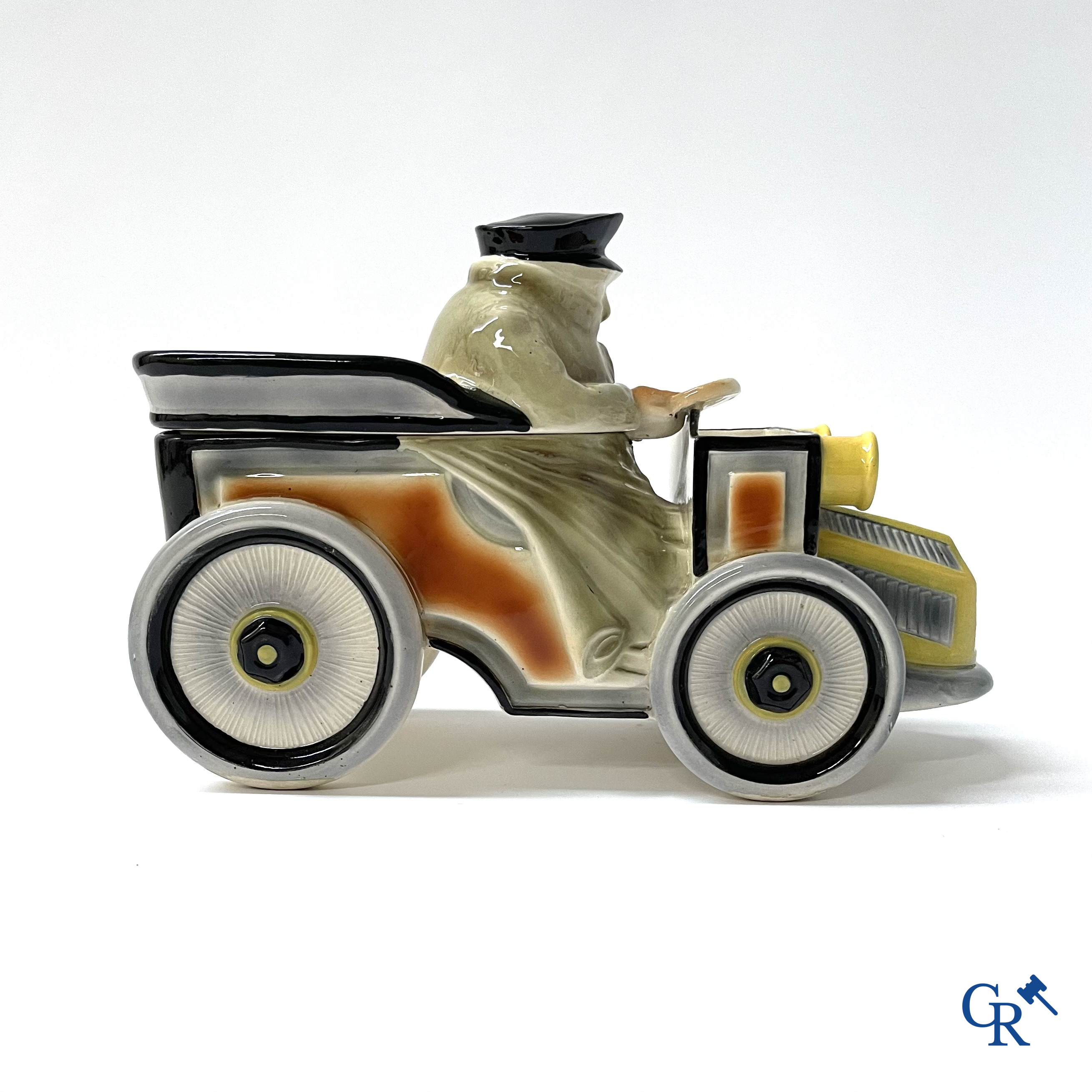 Faïencerie Fives Lille. L'Automobiliste, a large tobacco jar in the shape of a vintage car with a driver. Around 1910.
