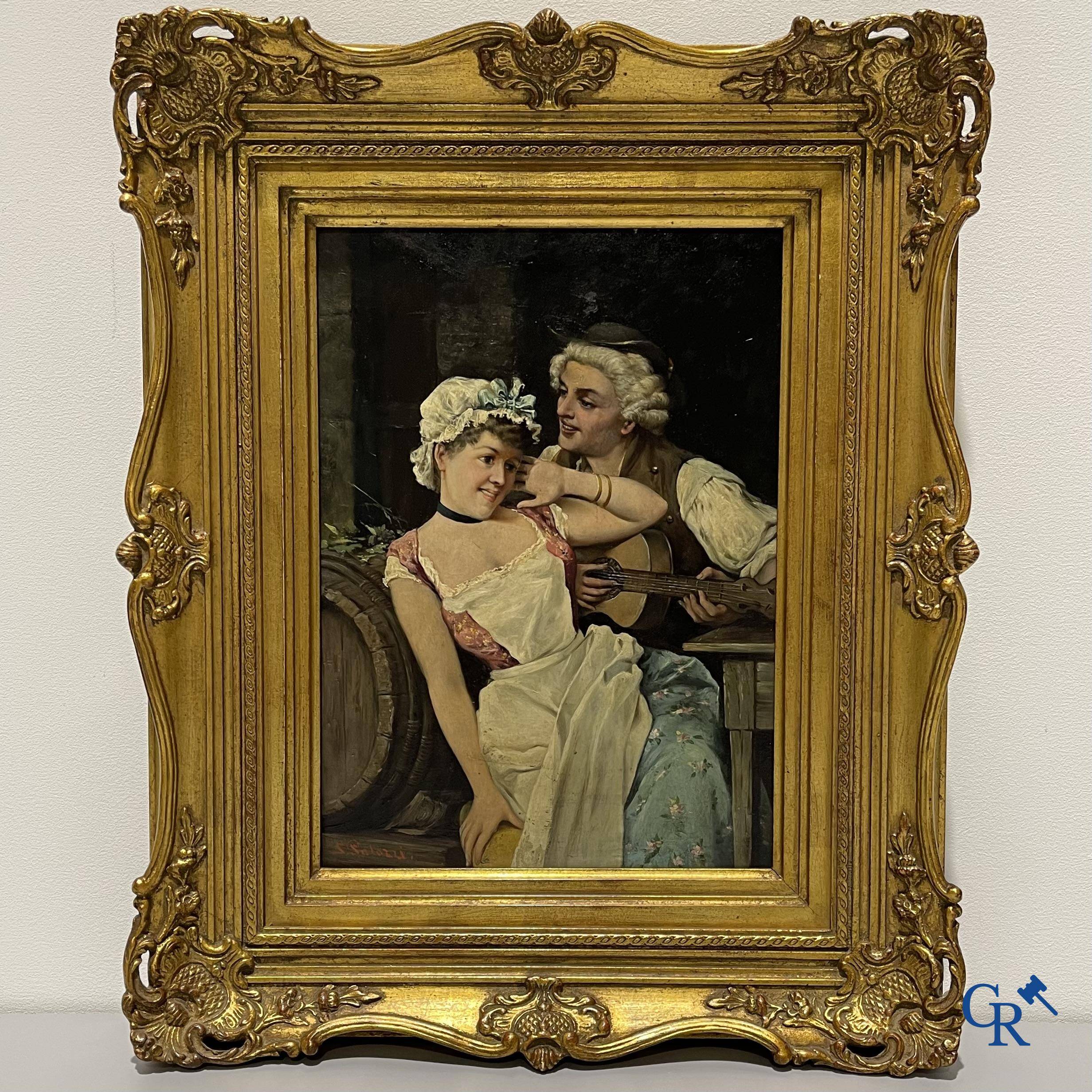 S. Palozzi, 19th century. Couple in love. Oil on panel. Signed lower left.