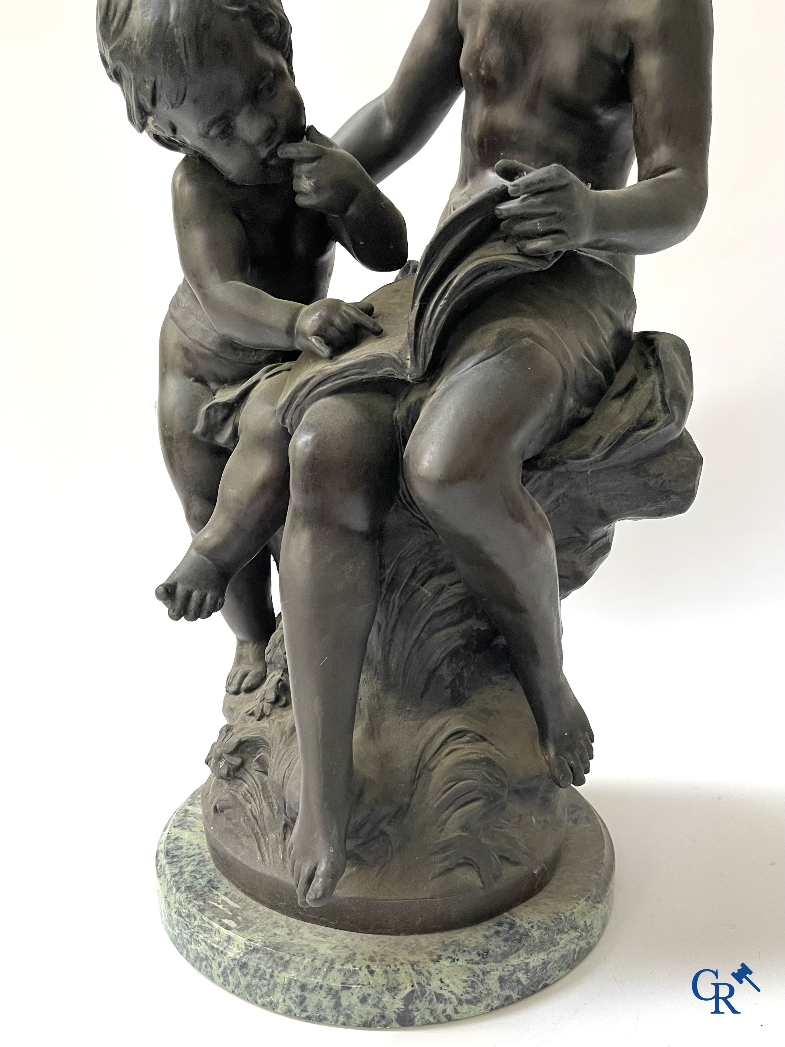 Auguste Moreau (after) Bronze statue on a green marble base. Posthumous. 20th century.