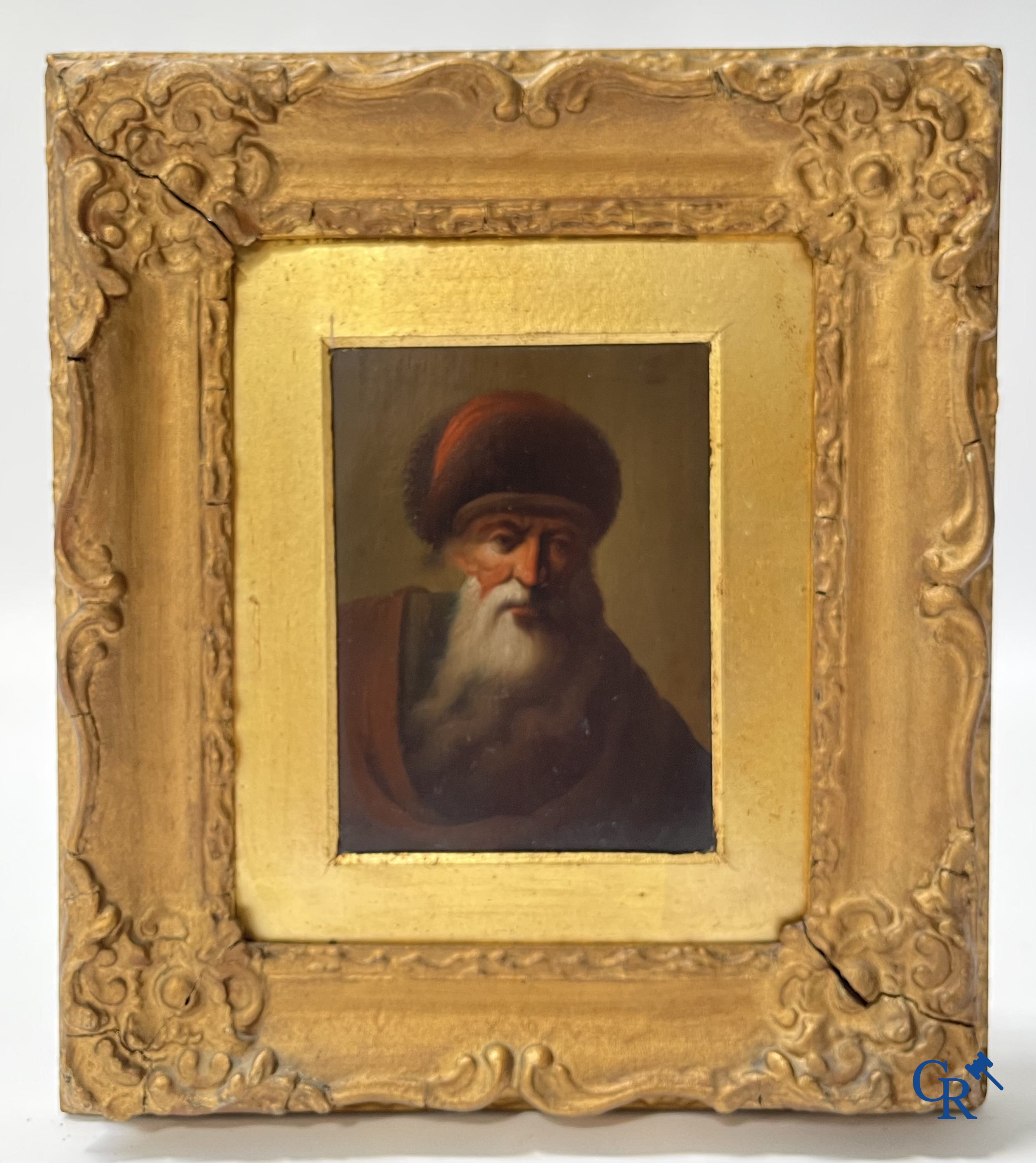 A pair of portrait paintings after Rembrandt Van Rijn, oil on panel, 2 portrait pen drawings attached. 19th century.