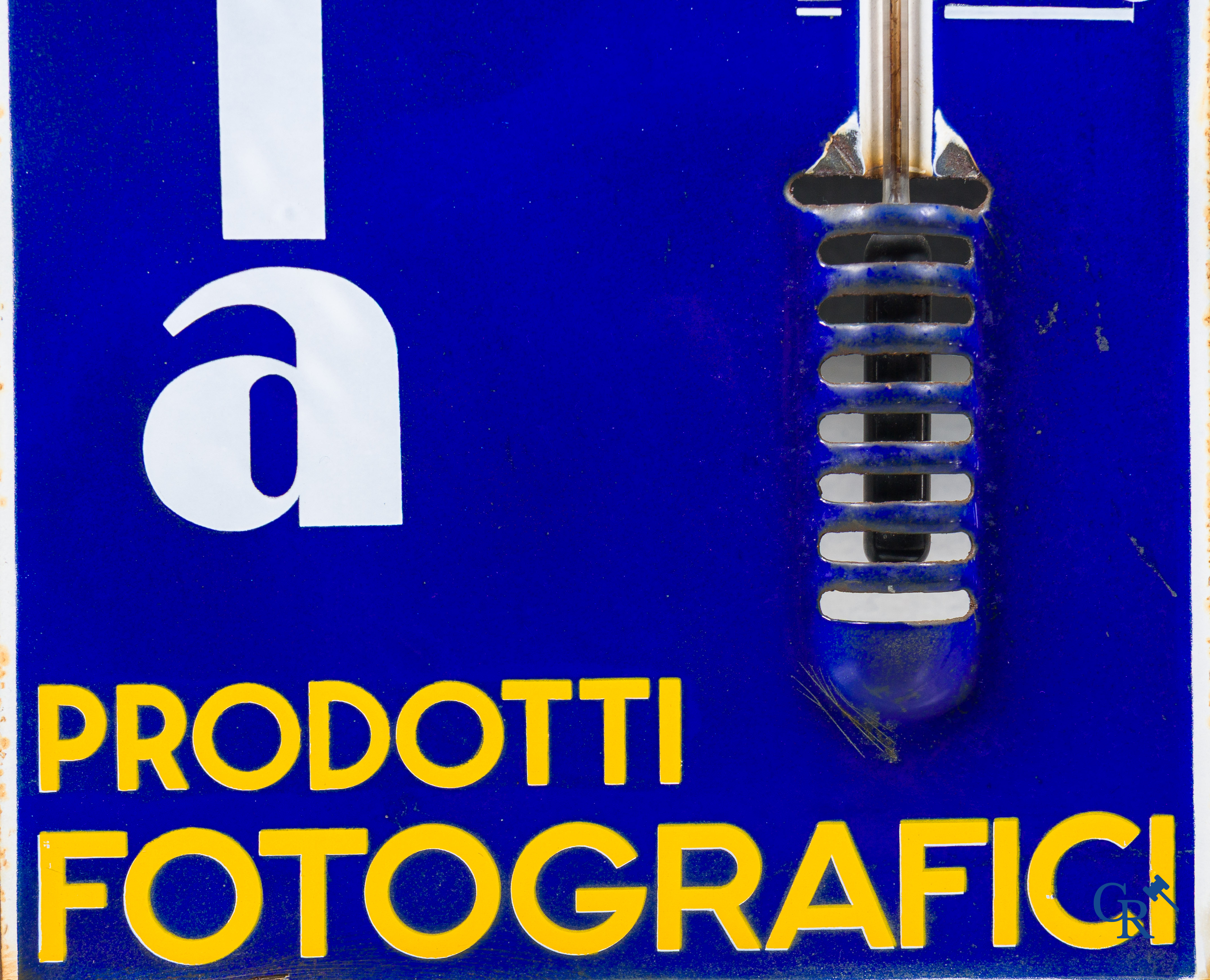 Ferrania. Large enamel advertising sign with integrated thermometer for photographic products.