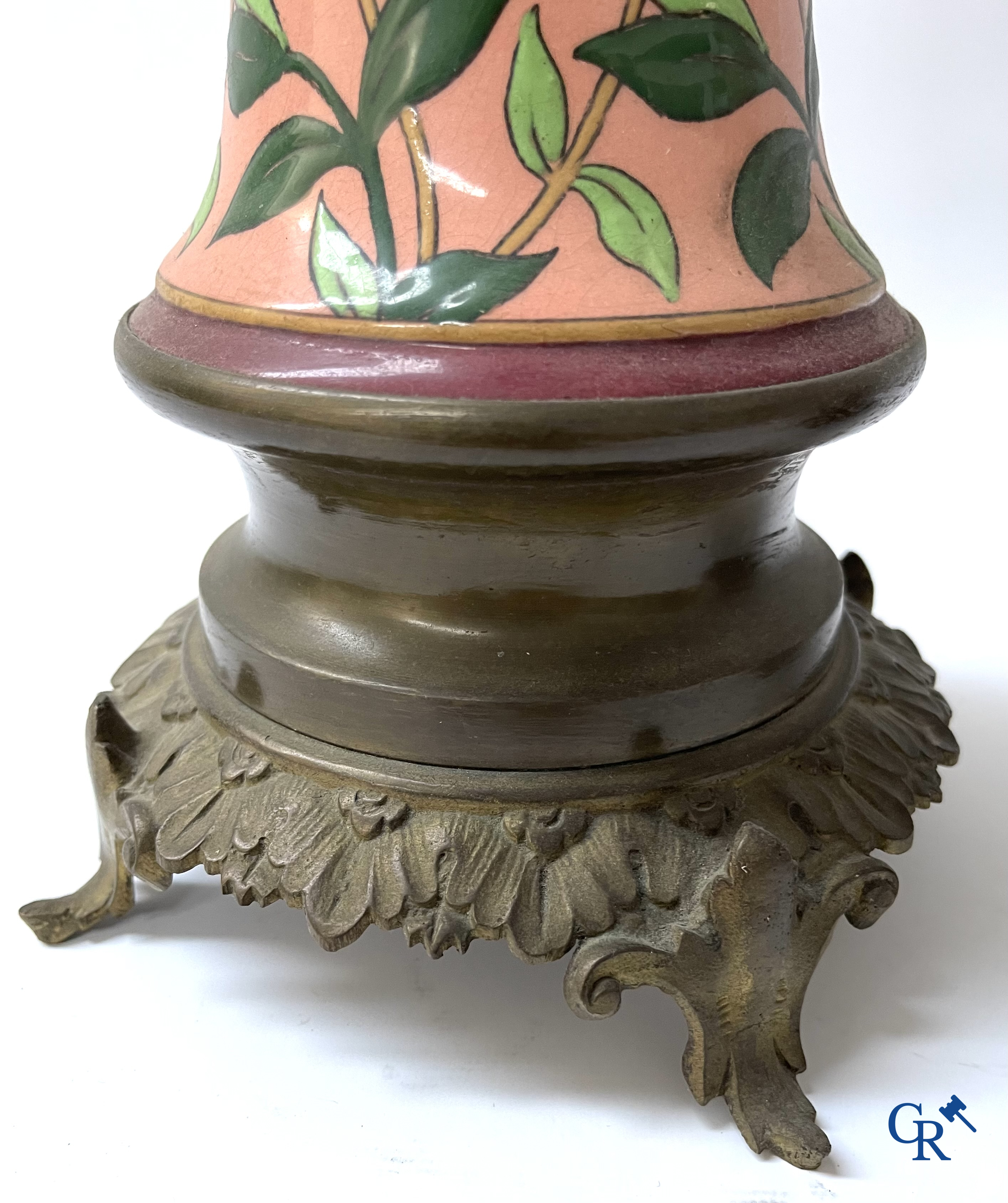 A large 3-piece fireplace set in enamelled faience and bronze. Art Nouveau. Circa 1900.