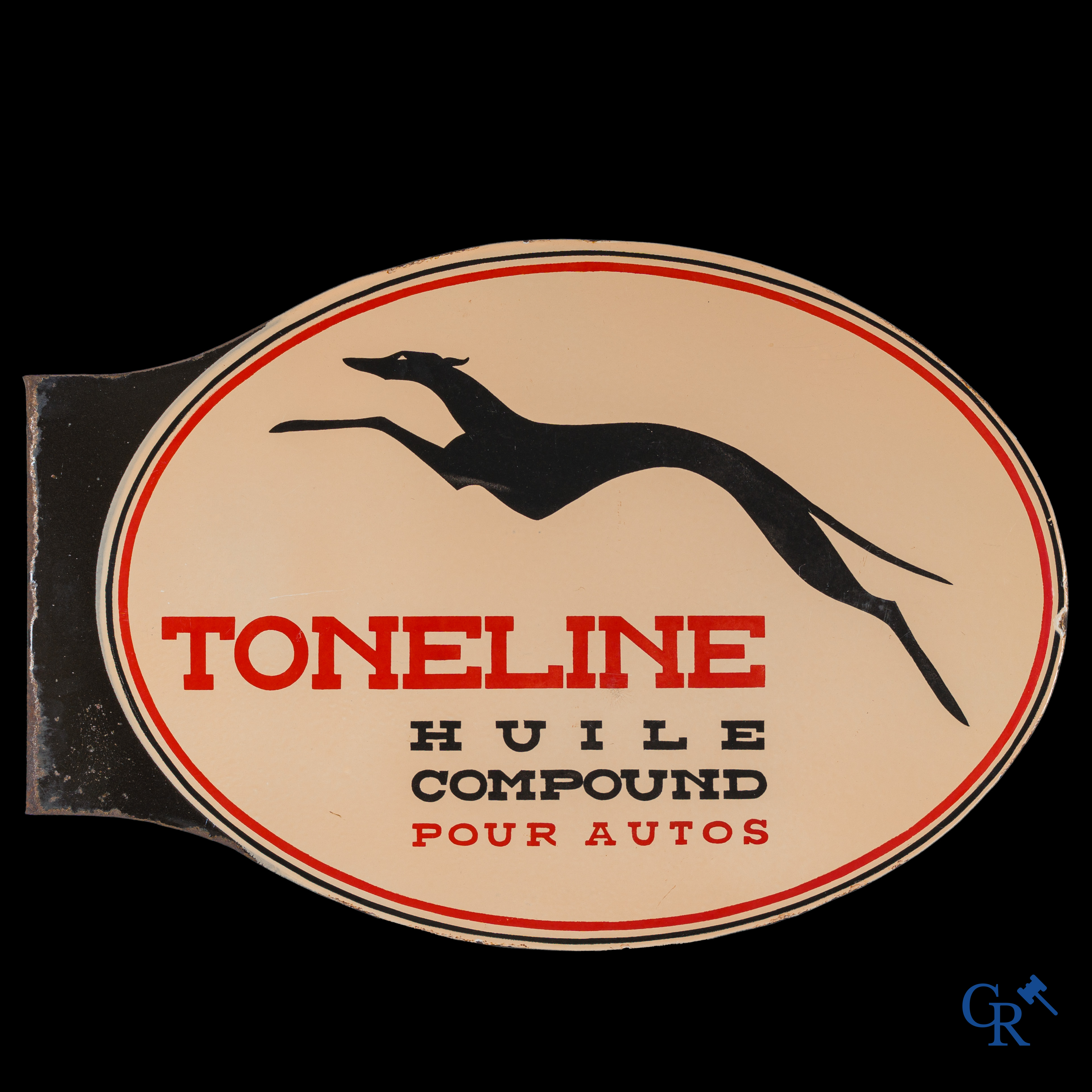 Toneline, Double-sided enamelled advertising sign with a greyhound. Huile compound pour autos. Circa 1930.