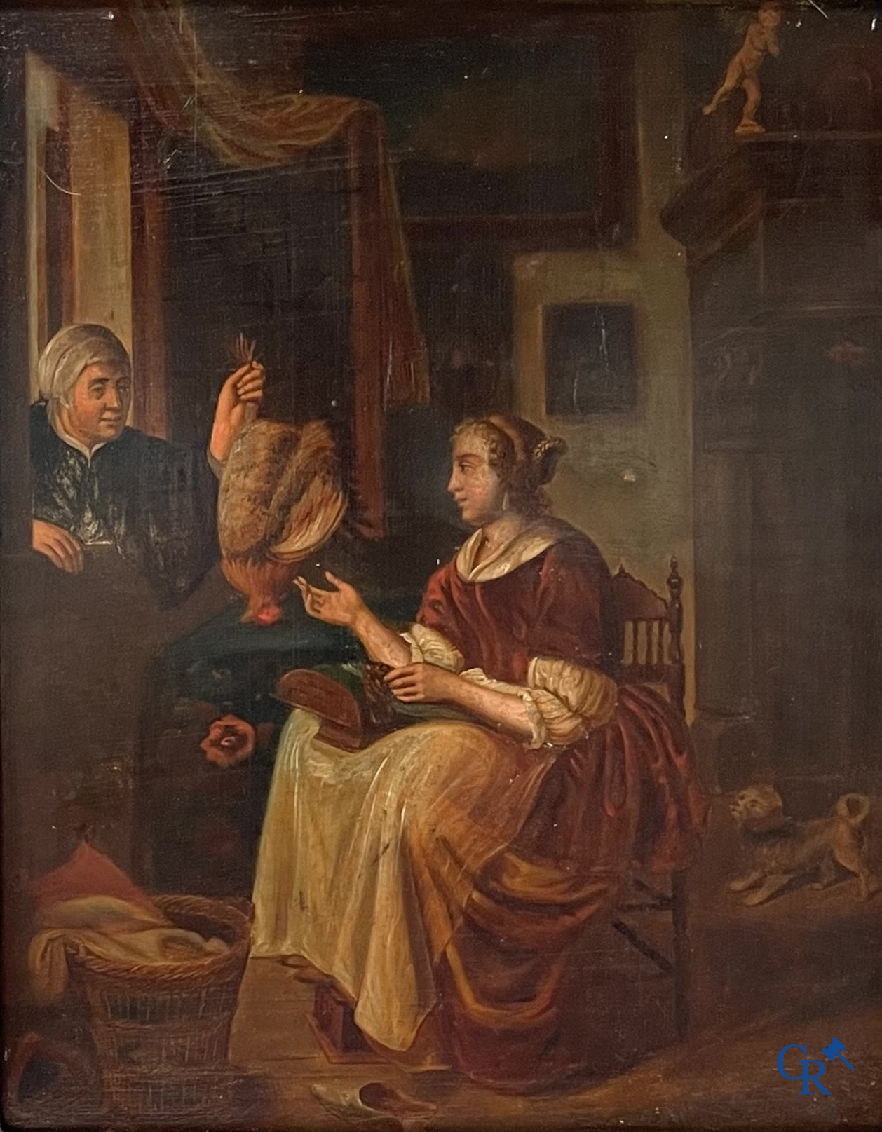 Flemish school, interior scene with chicken farmer, oil on metal.