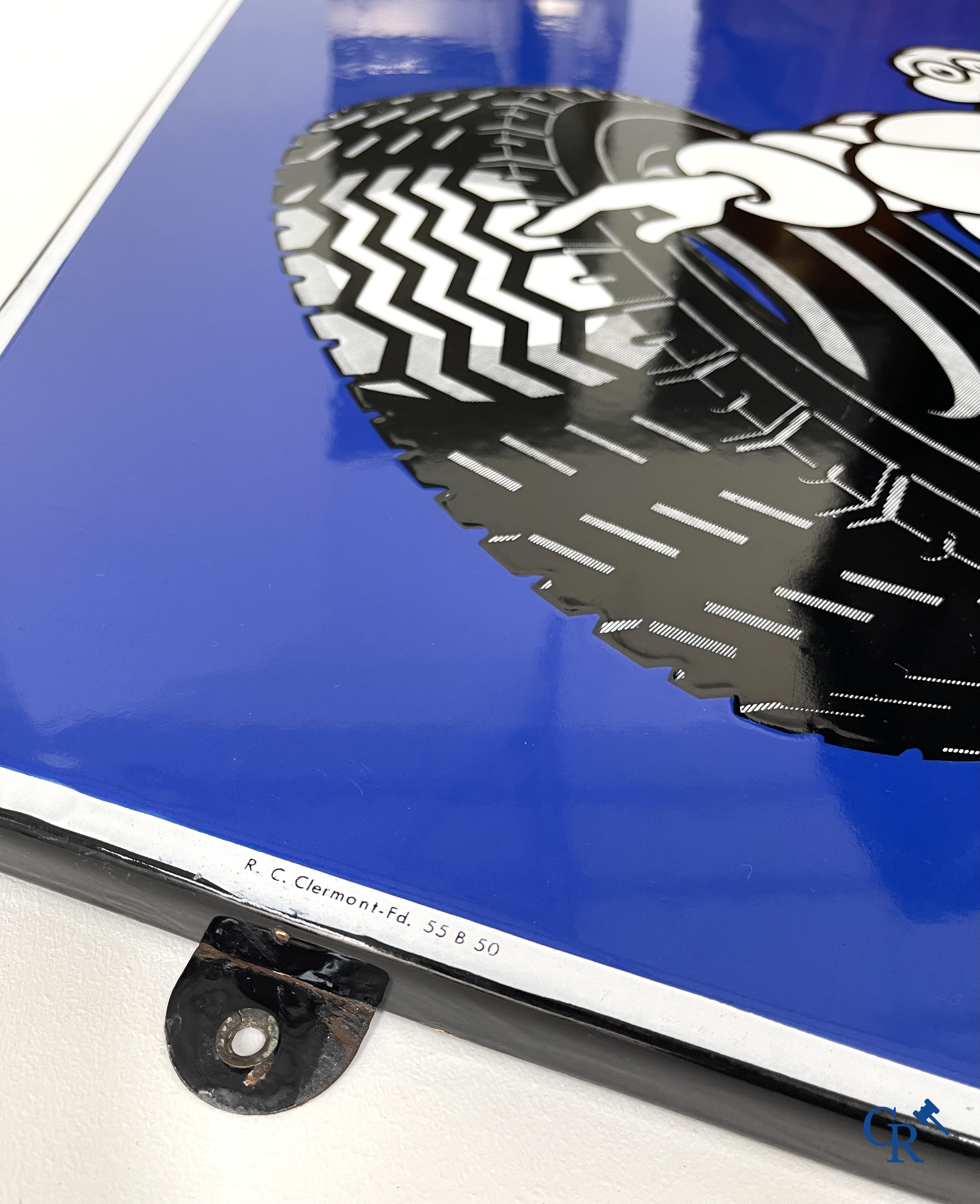 Michelin, Large enamel advertising sign of the running Bibendum with tire. Emaillerie Alsacienne Strasbourg.