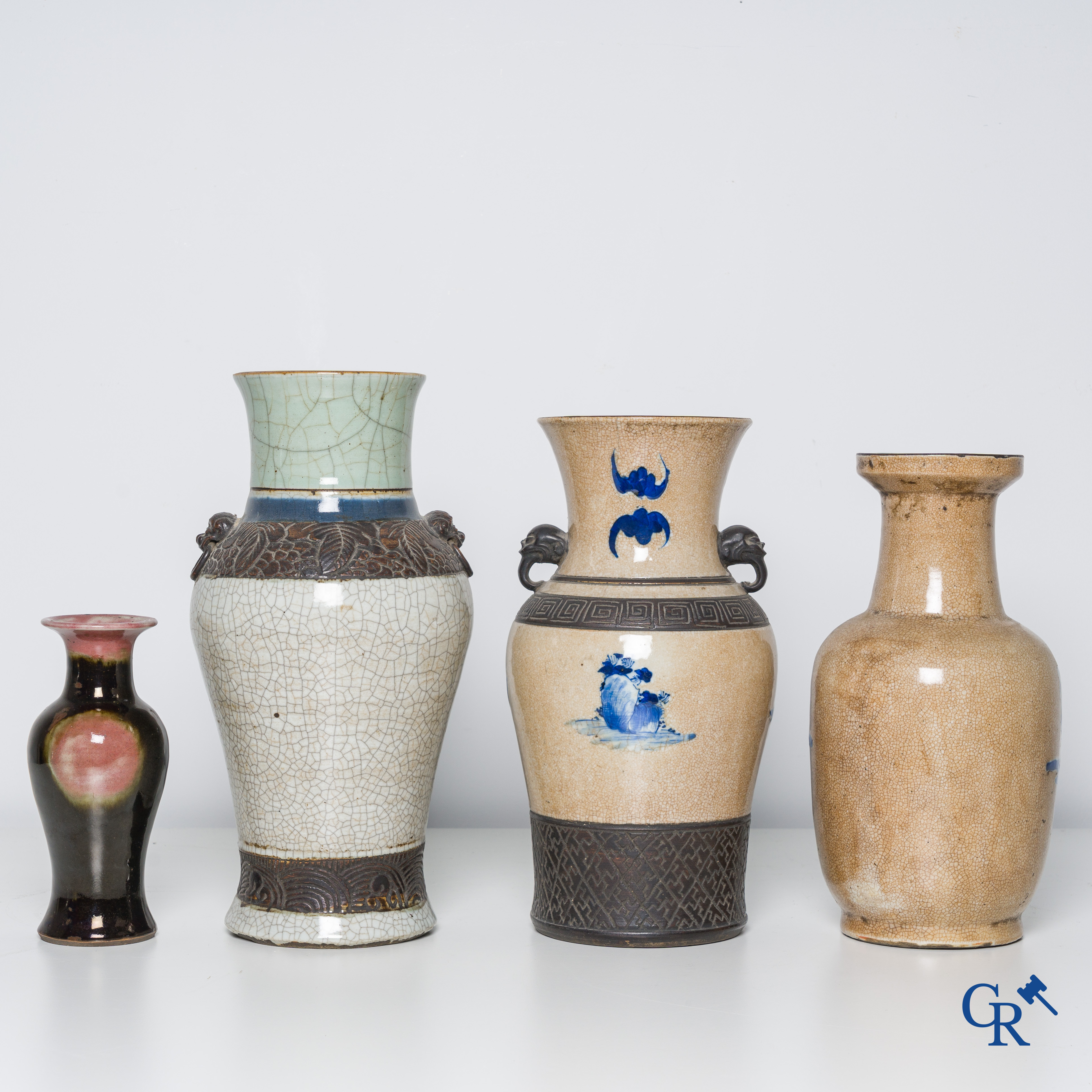Asian Art, Chinese porcelain, 3 Chinese nanking vases, a red copper decorated vase attached.