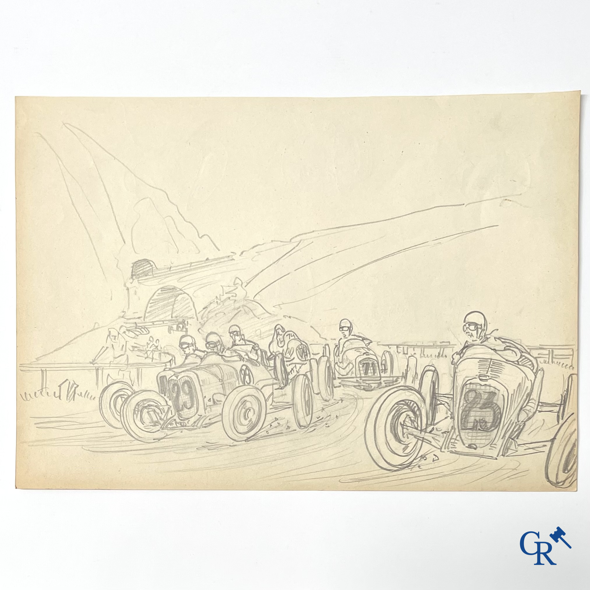 Géo Ham (Georges Hamel 1900-1972), "La Course Automobile" Schets, potlood op papier. Jaren '30.