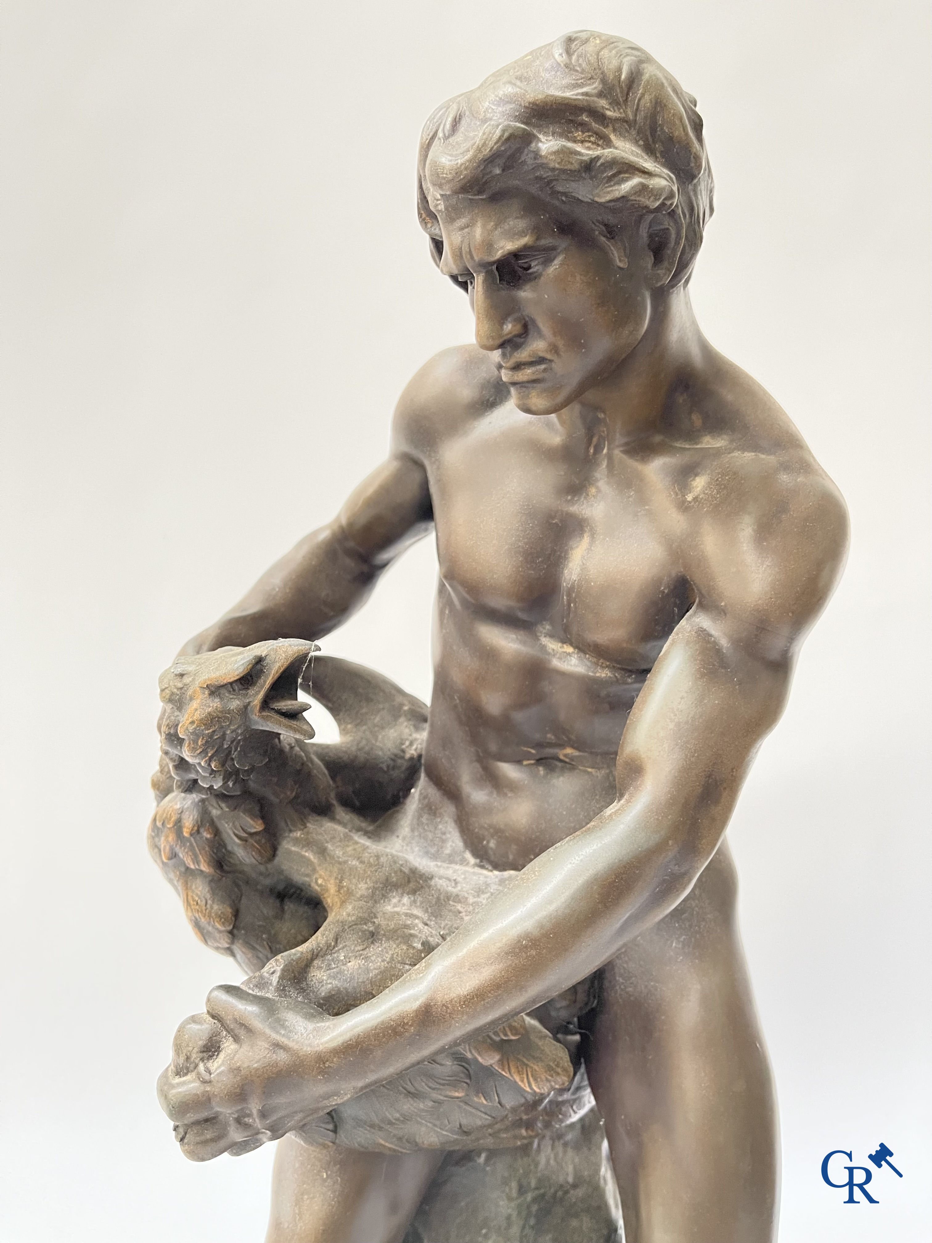 A lot of 3 sculptures in spelter. Anatole Guillot, Emile Bruchon, Rousseau. Circa 1900.