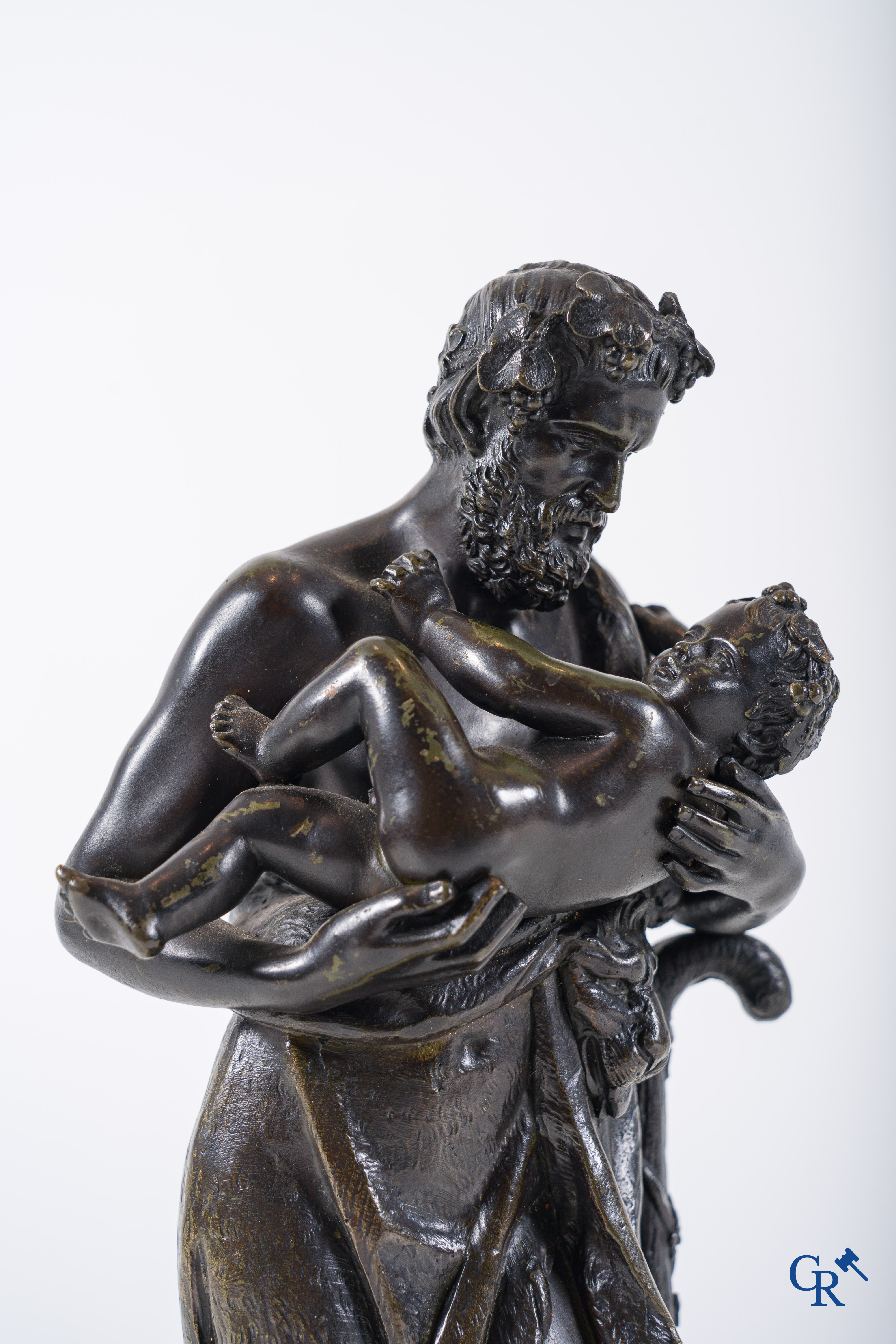French work circa 1830-1840. Silenus with the child Dionysus, bronze statue after the antique.