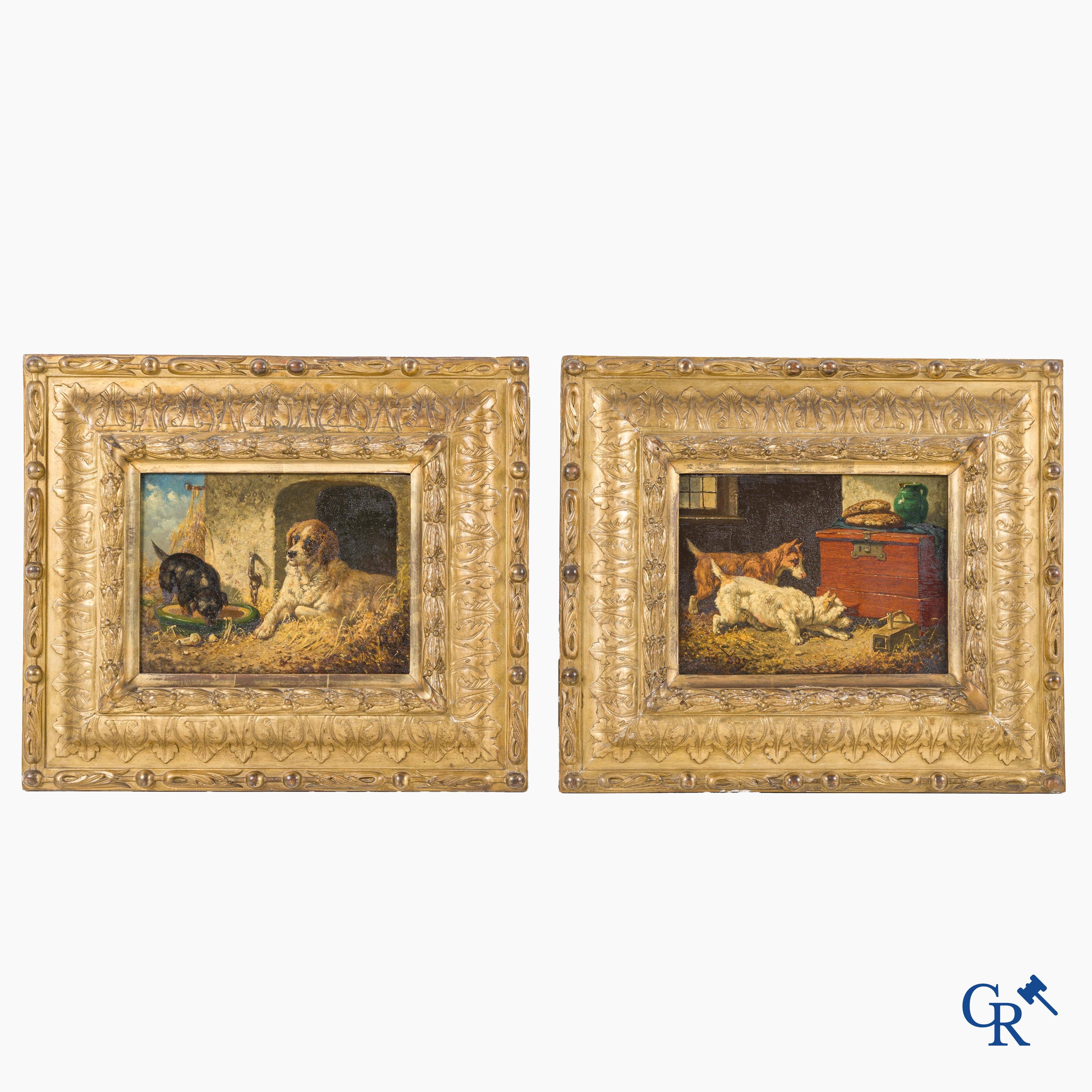 Vincent de Vos (1829-1875) A pair of paintings (pendant) oil on panel. "La chasse aux souris" and "Les bons amis".