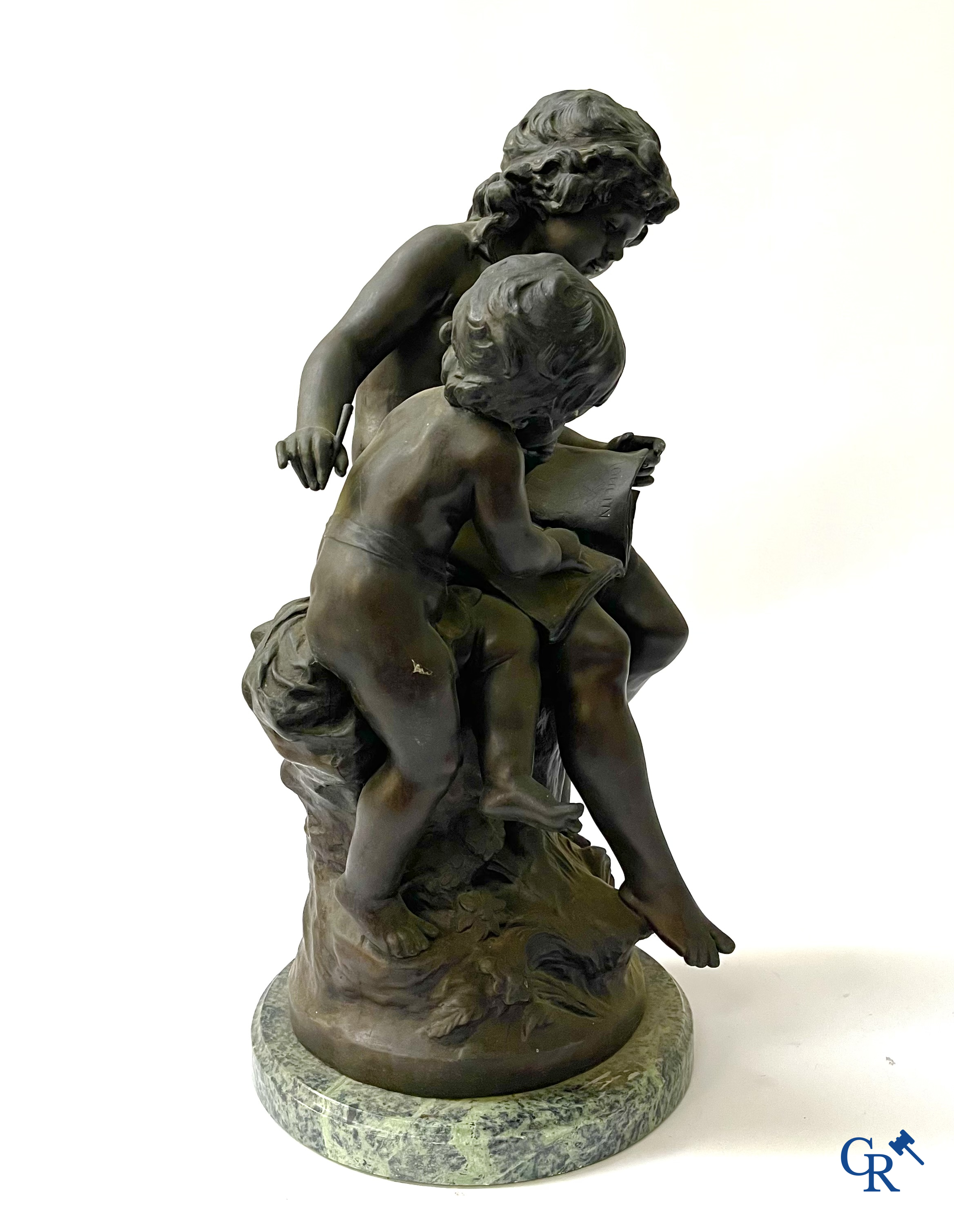 Auguste Moreau (after) Bronze statue on a green marble base. Posthumous. 20th century.