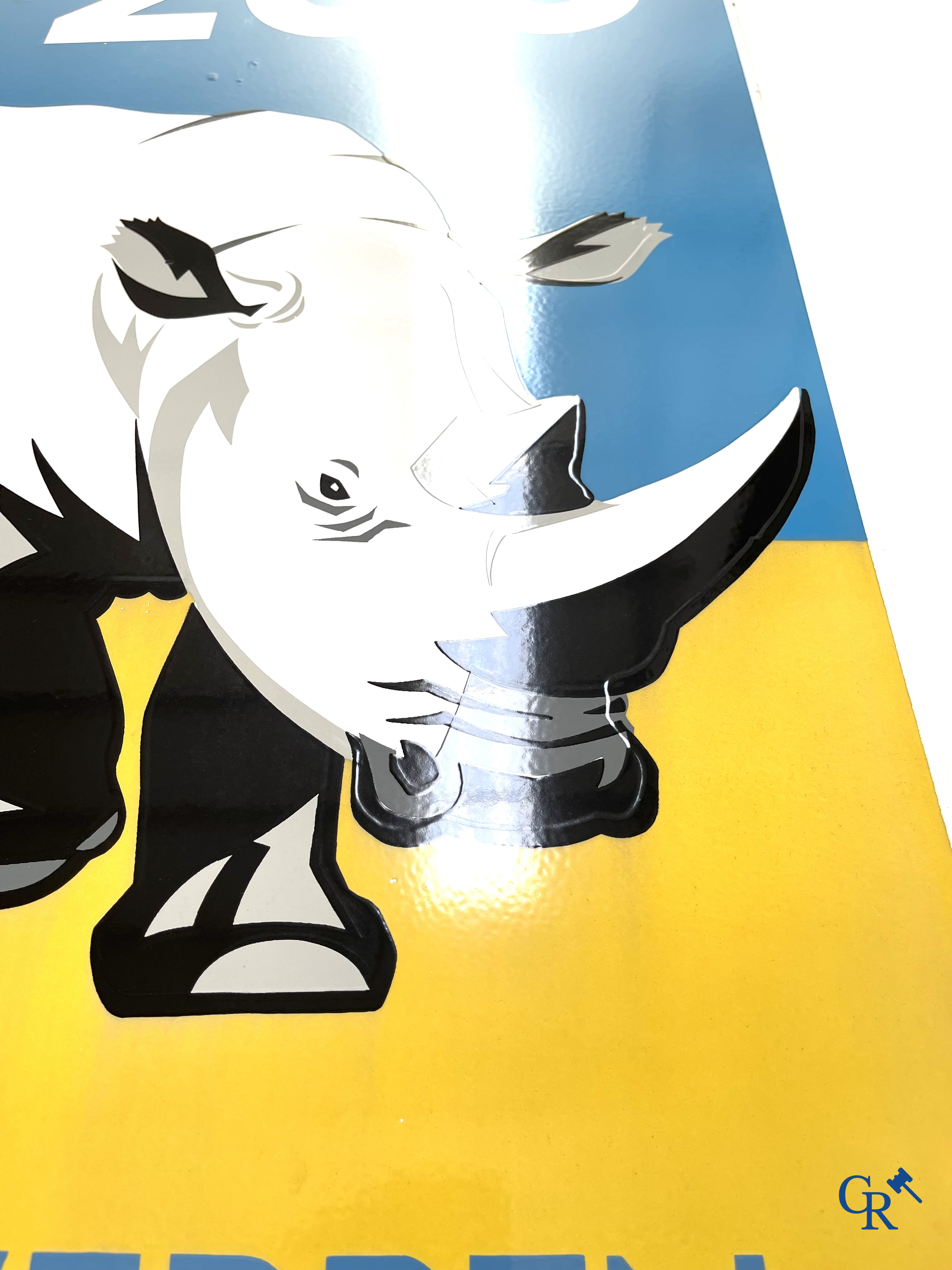 Zoo Antwerpen, Enamel advertising sign with a rhino for the Antwerp Zoo. Emaillerie Crahait, Gosselies, 1968.