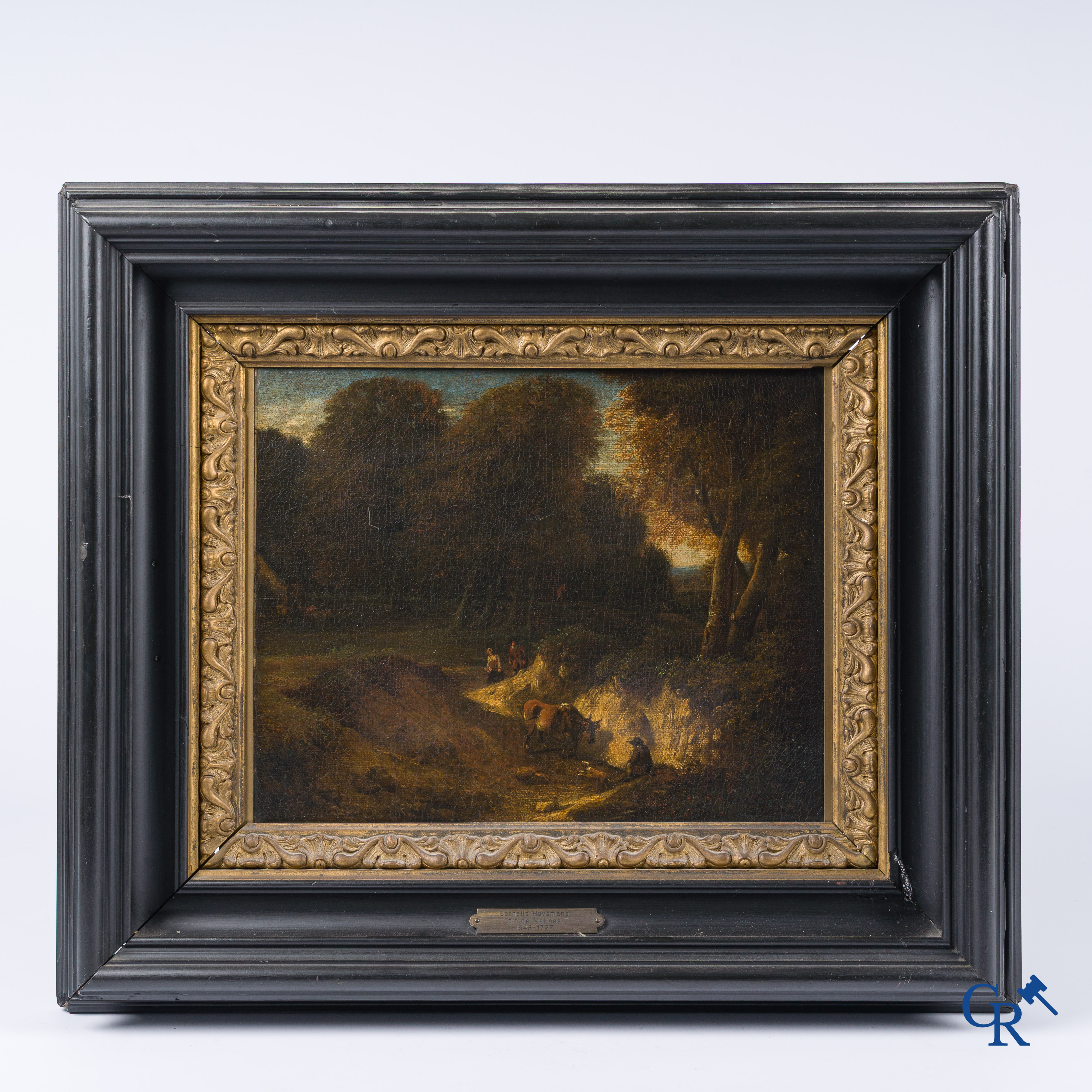 Cornelius Huysmans, Van Mechelen (1648-1727) Vlaamse school, Boszicht met personages en dieren. Met oud expositielabel.