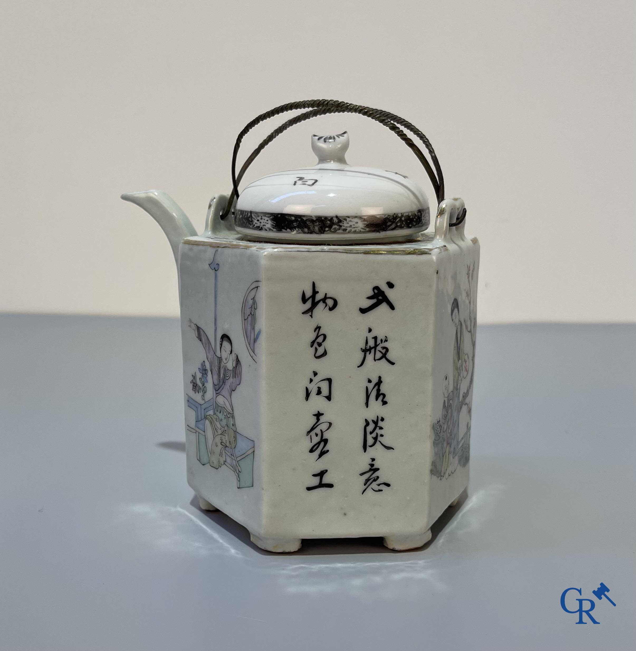 Asian Art, Chinese porcelain, a hexagonal Chinese teapot. Marked.