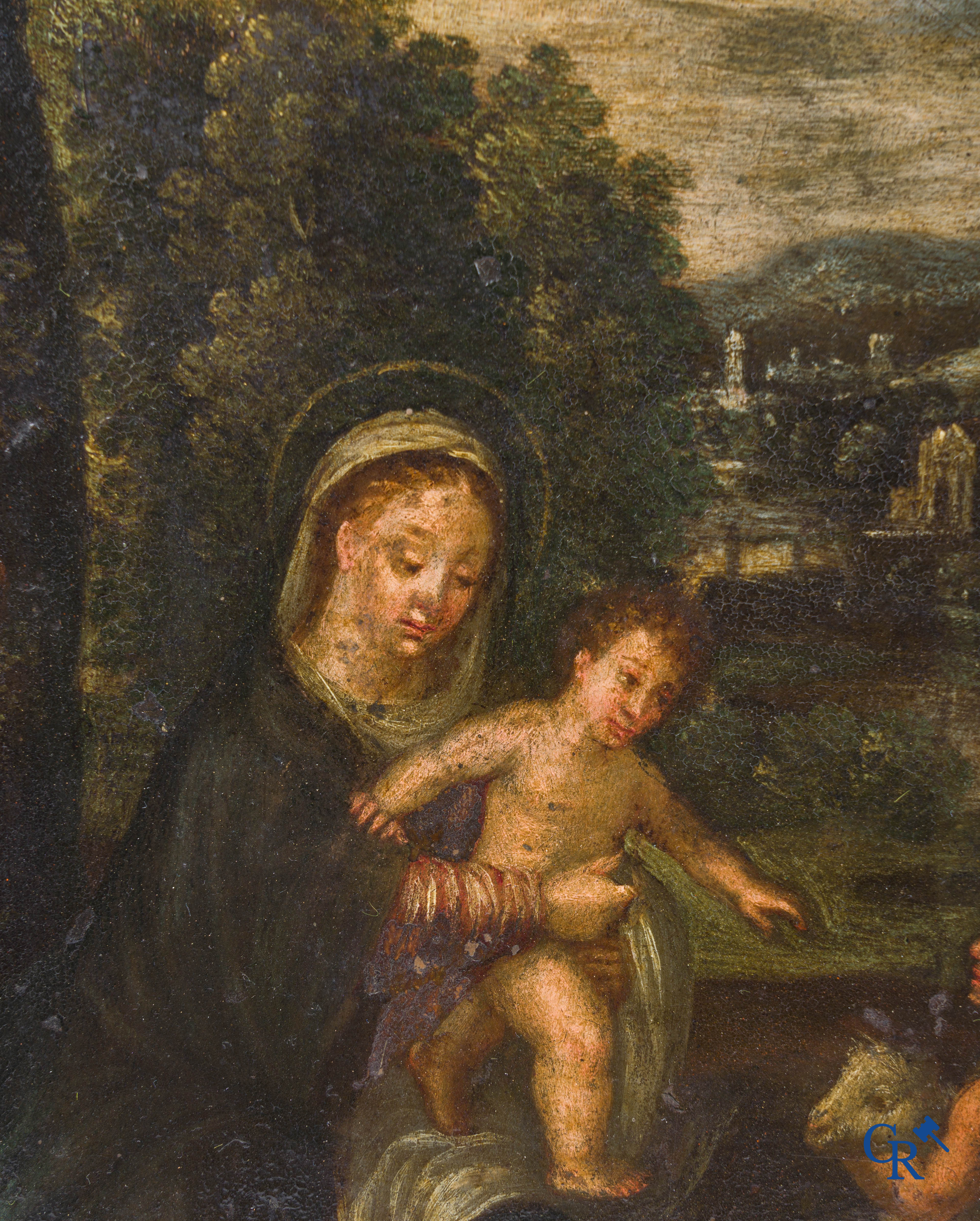 Antique religious painting. The Holy Mary, Jesus and Saint John the Baptist. Oil on copper. 18th-19th century.