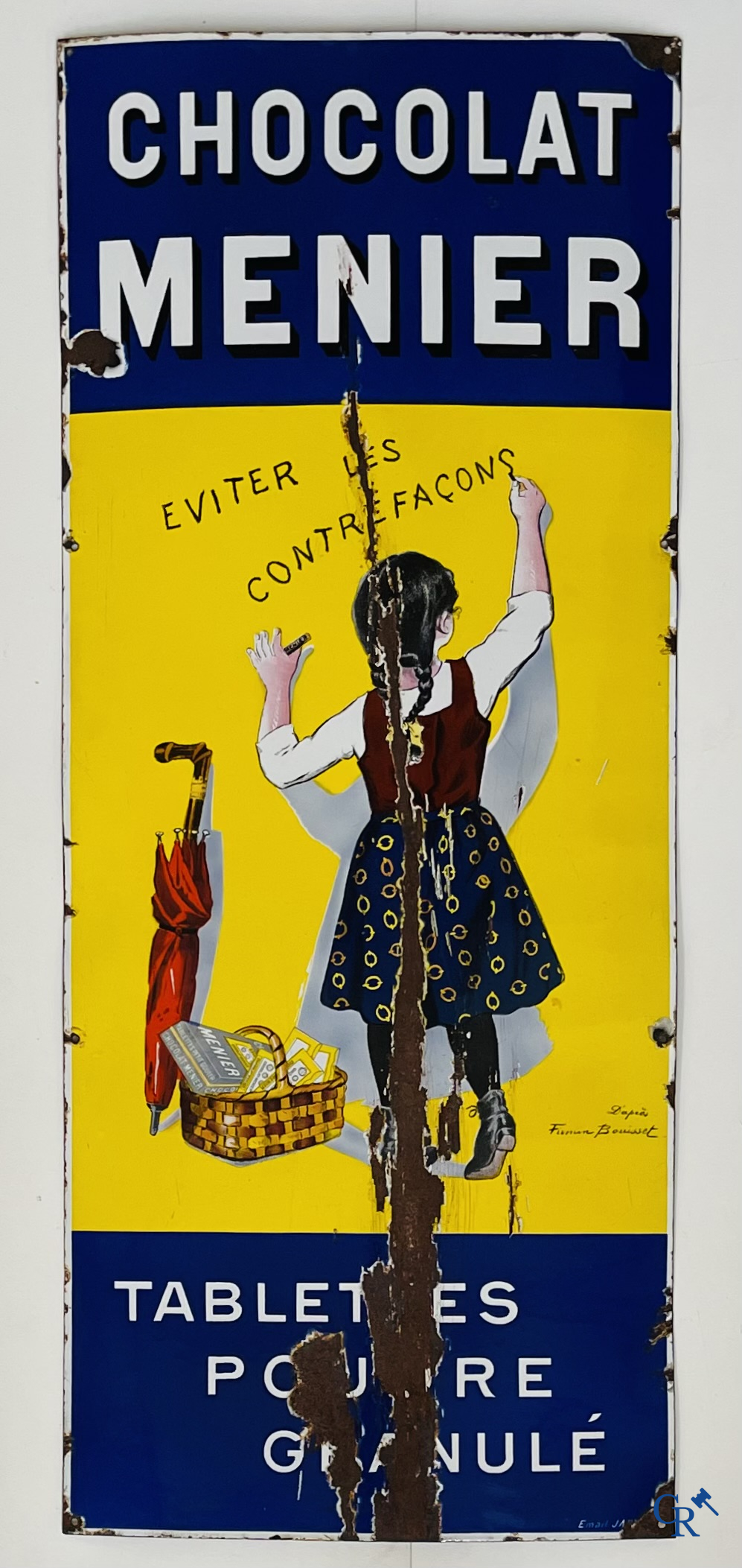Chocolat Menier, "éviter les contrefaçons", emaille reclamebord naar een ontwerp van Firmin Bouisset.