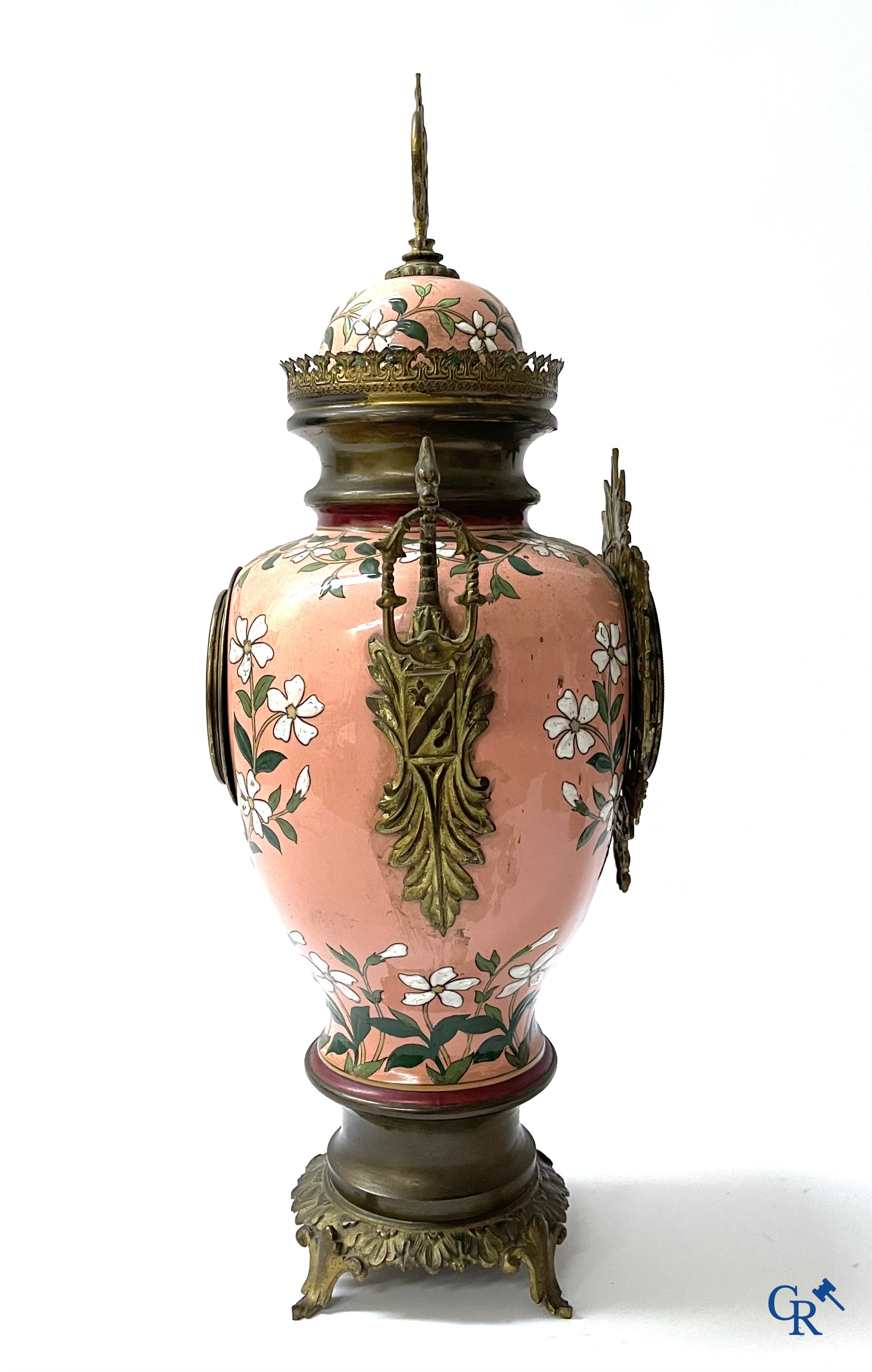 A large 3-piece fireplace set in enamelled faience and bronze. Art Nouveau. Circa 1900.