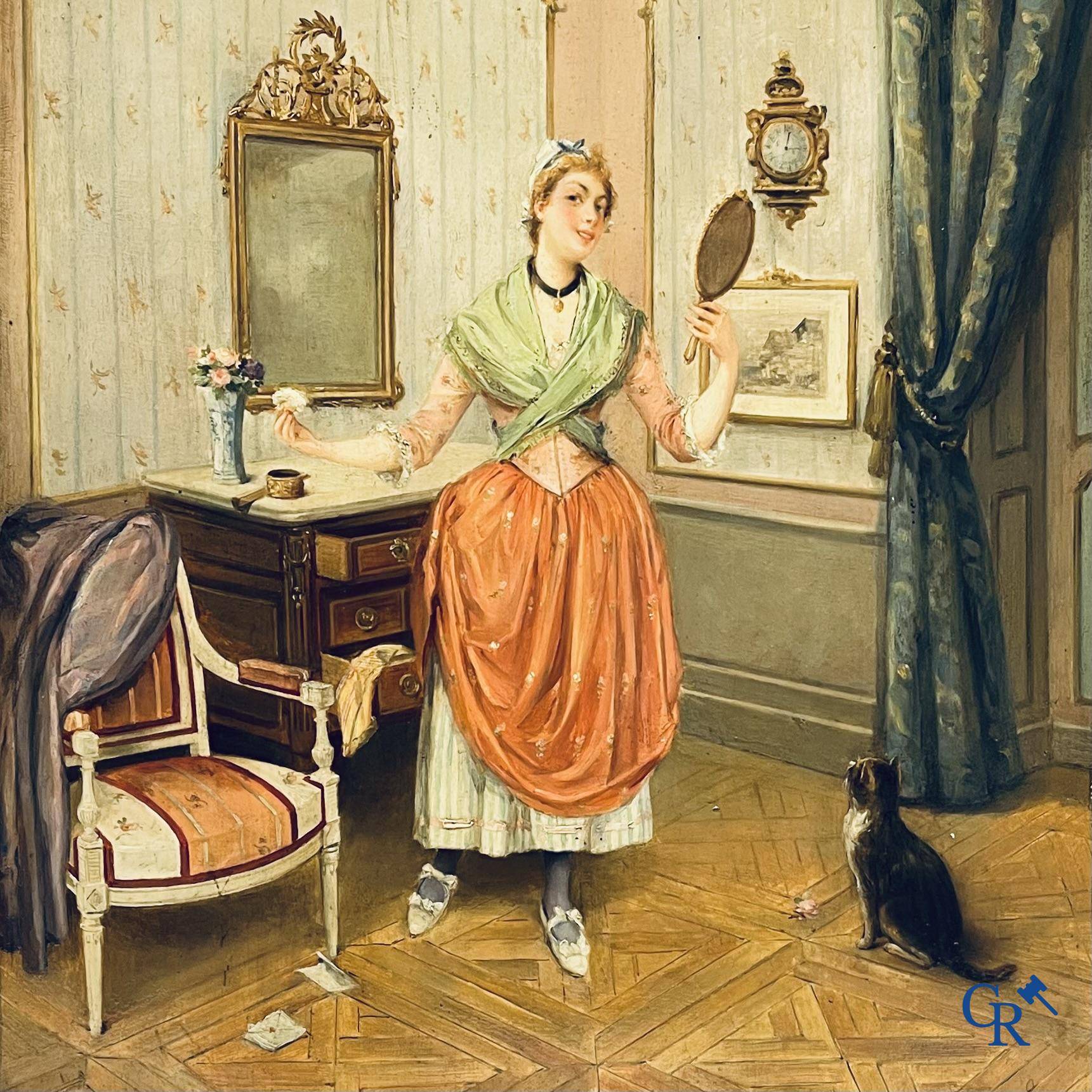 Eugène Benjamin Fichel (1826-1895) Romantic scene with beautiful gilded frame, oil on panel.