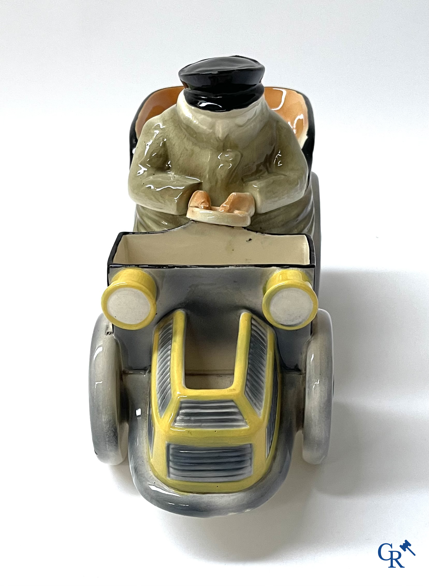 Faïencerie Fives Lille. L'Automobiliste, a large tobacco jar in the shape of a vintage car with a driver. Around 1910.