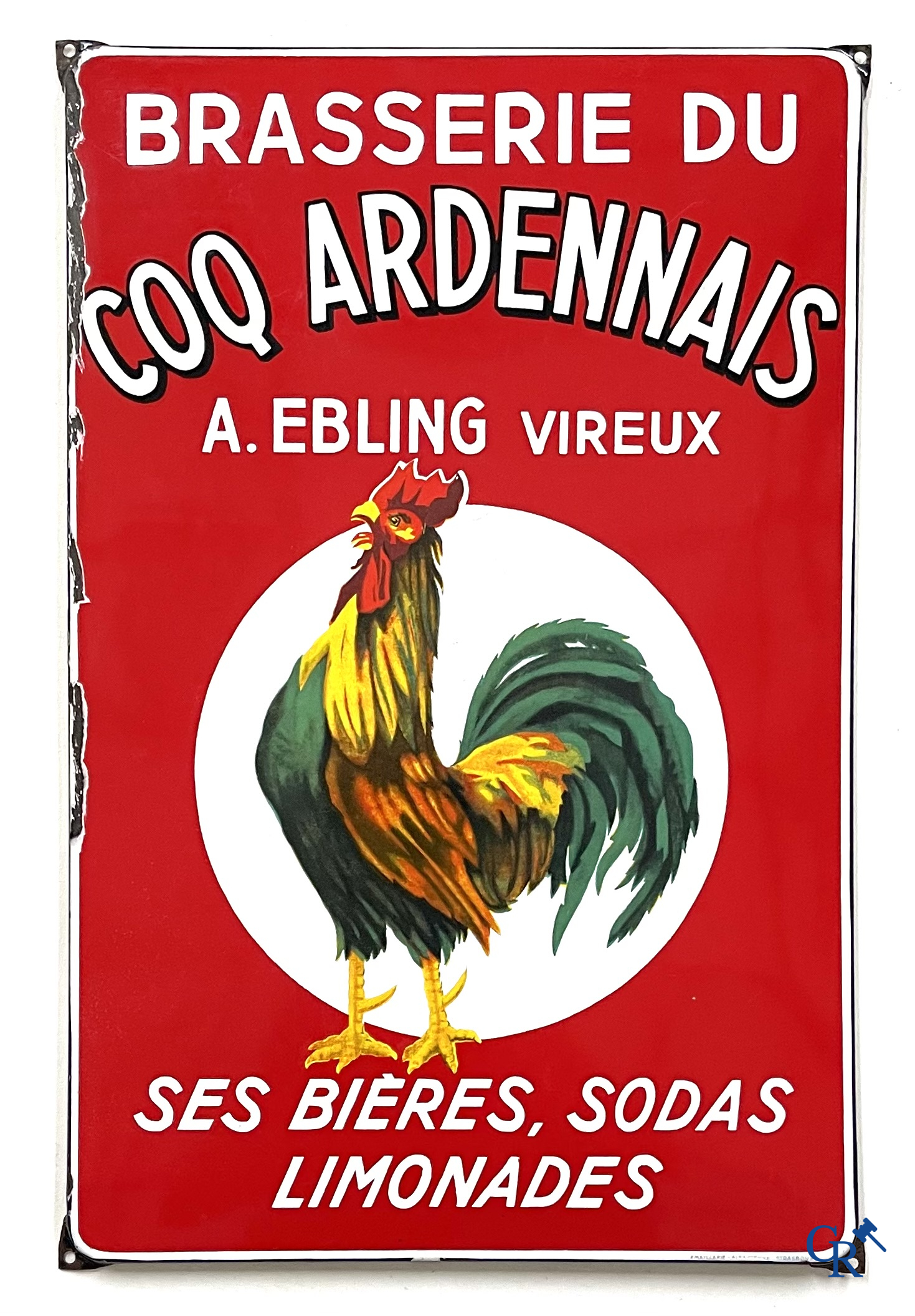 Brasserie du Coq Ardennais, Plaque émaillée publicitaire pour bières, sodas et limonades de la brasserie Ebling à Vireux.