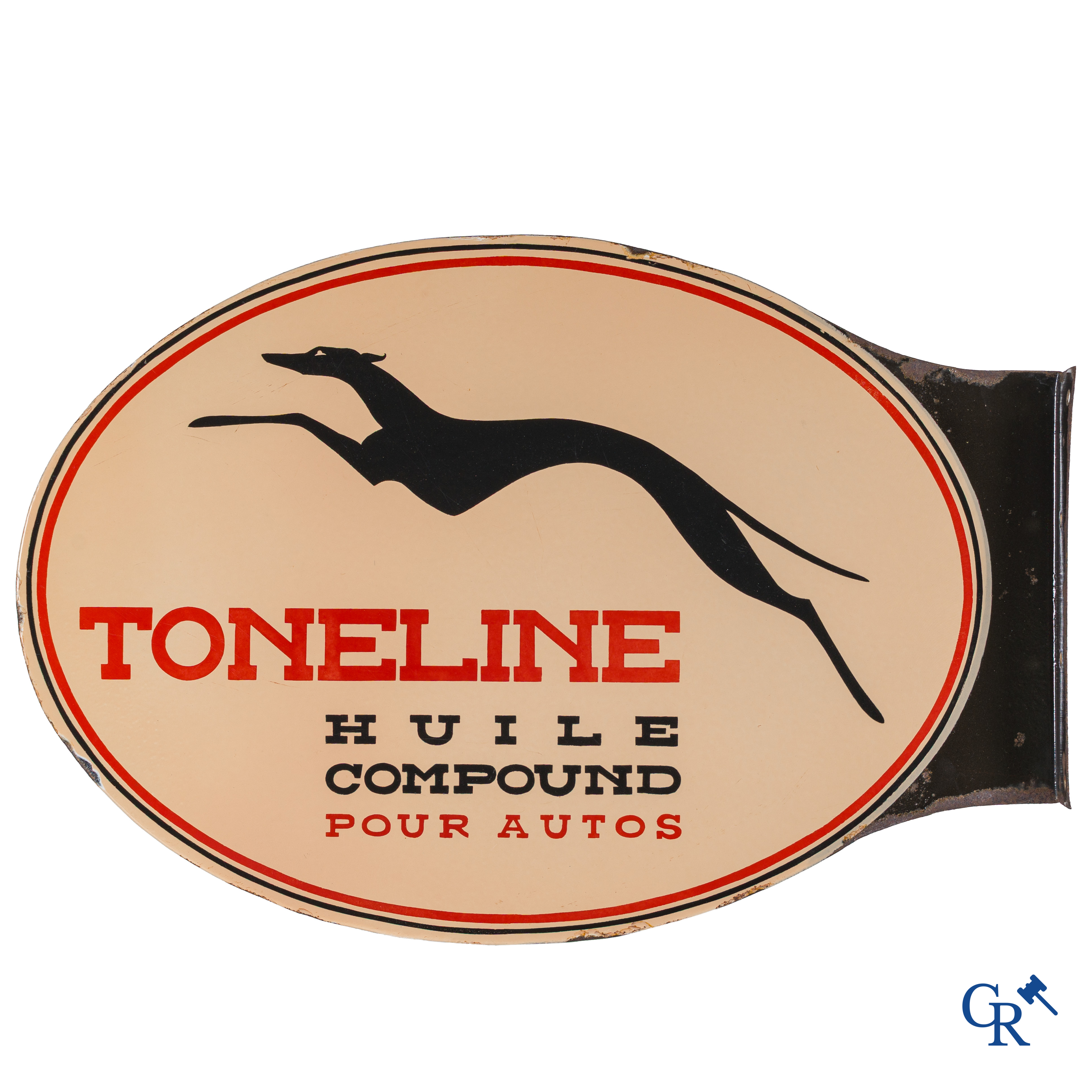 Toneline, Double-sided enamelled advertising sign with a greyhound. Huile compound pour autos. Circa 1930.