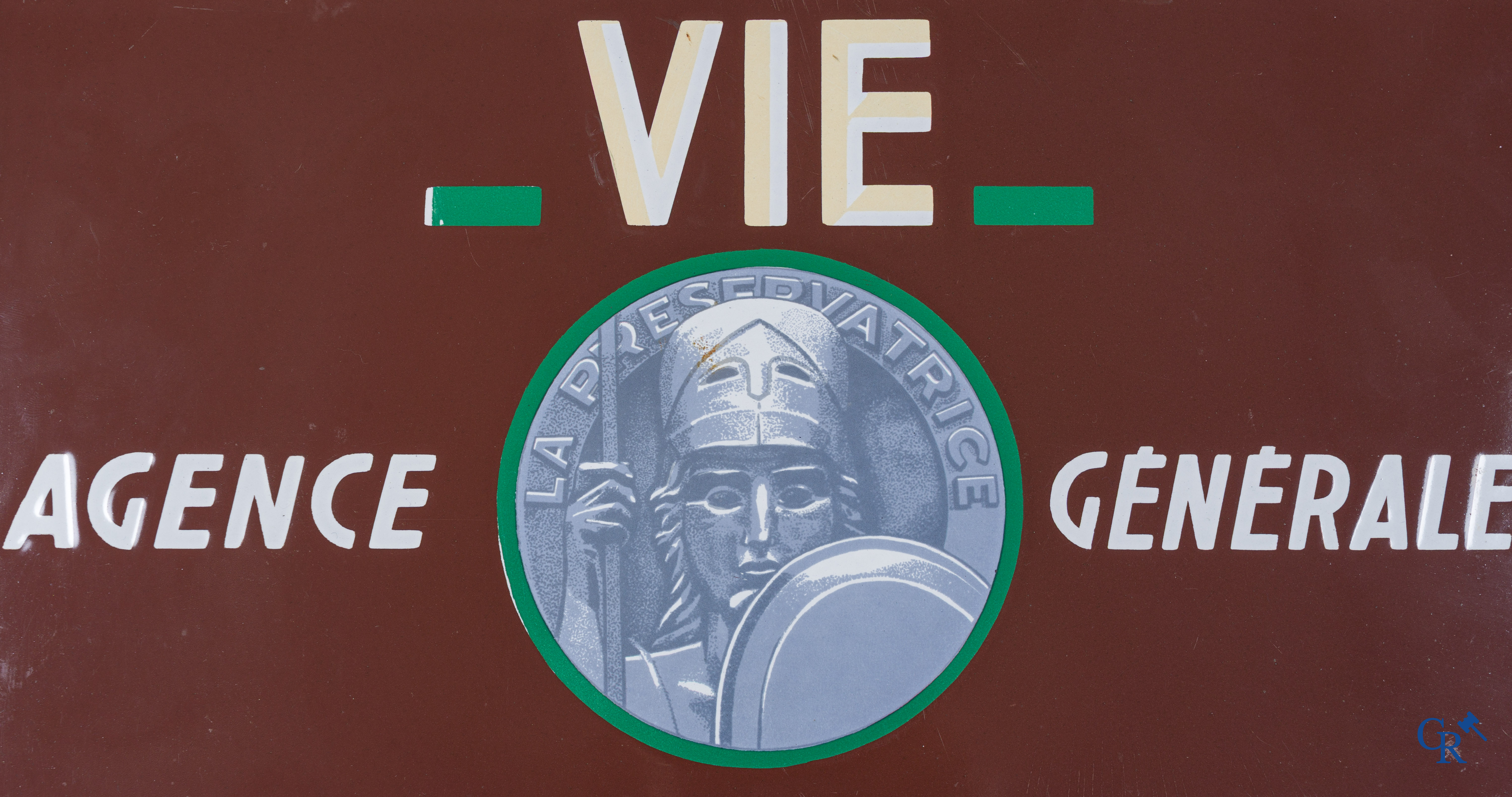 La préservatrice vie, enamel advertising sign for insurance.
