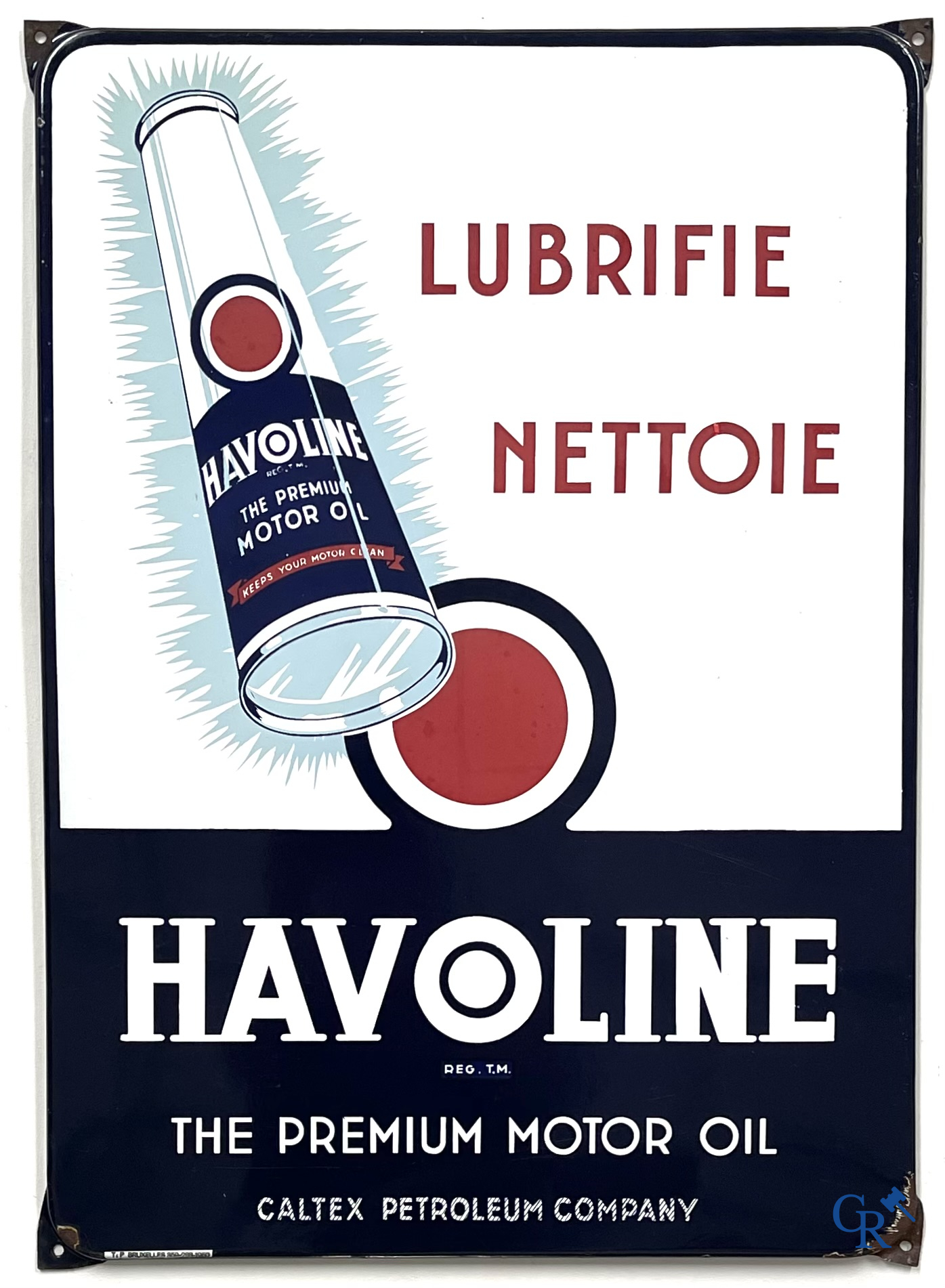 Havoline, enamel advertising sign for motor oil Havoline from the Caltex Petroleum Company. T.P. Bruxelles 1950.