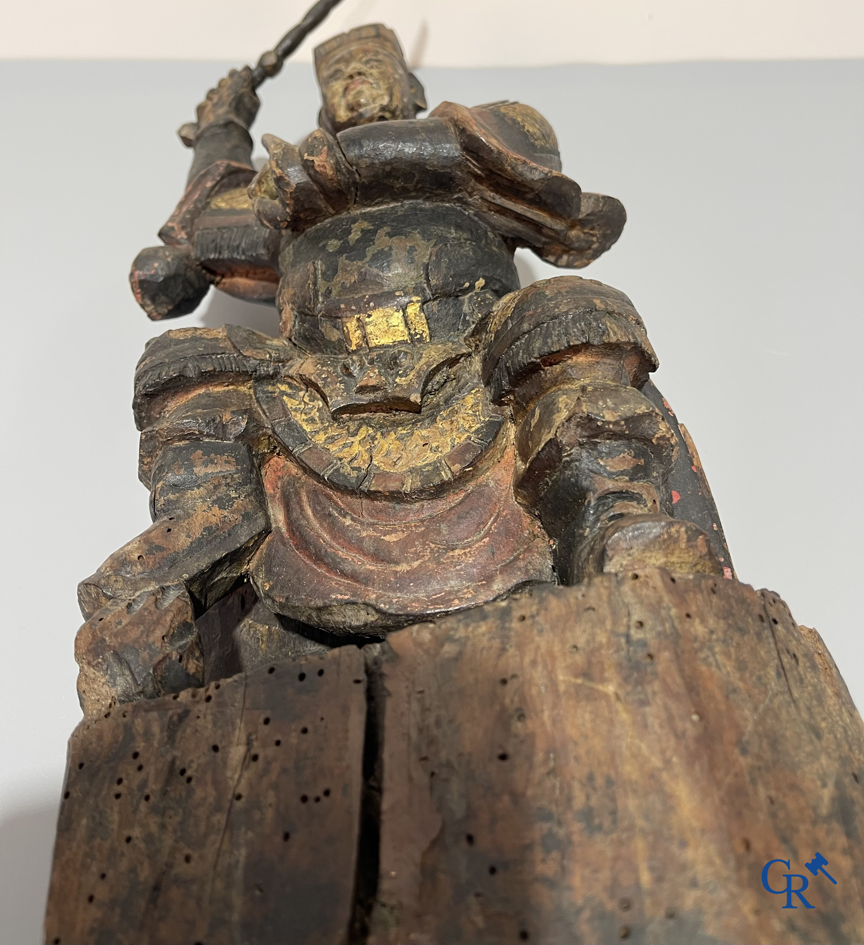 Asian Art, A Chinese antique wood sculpted and polychrome representation of a warrior.