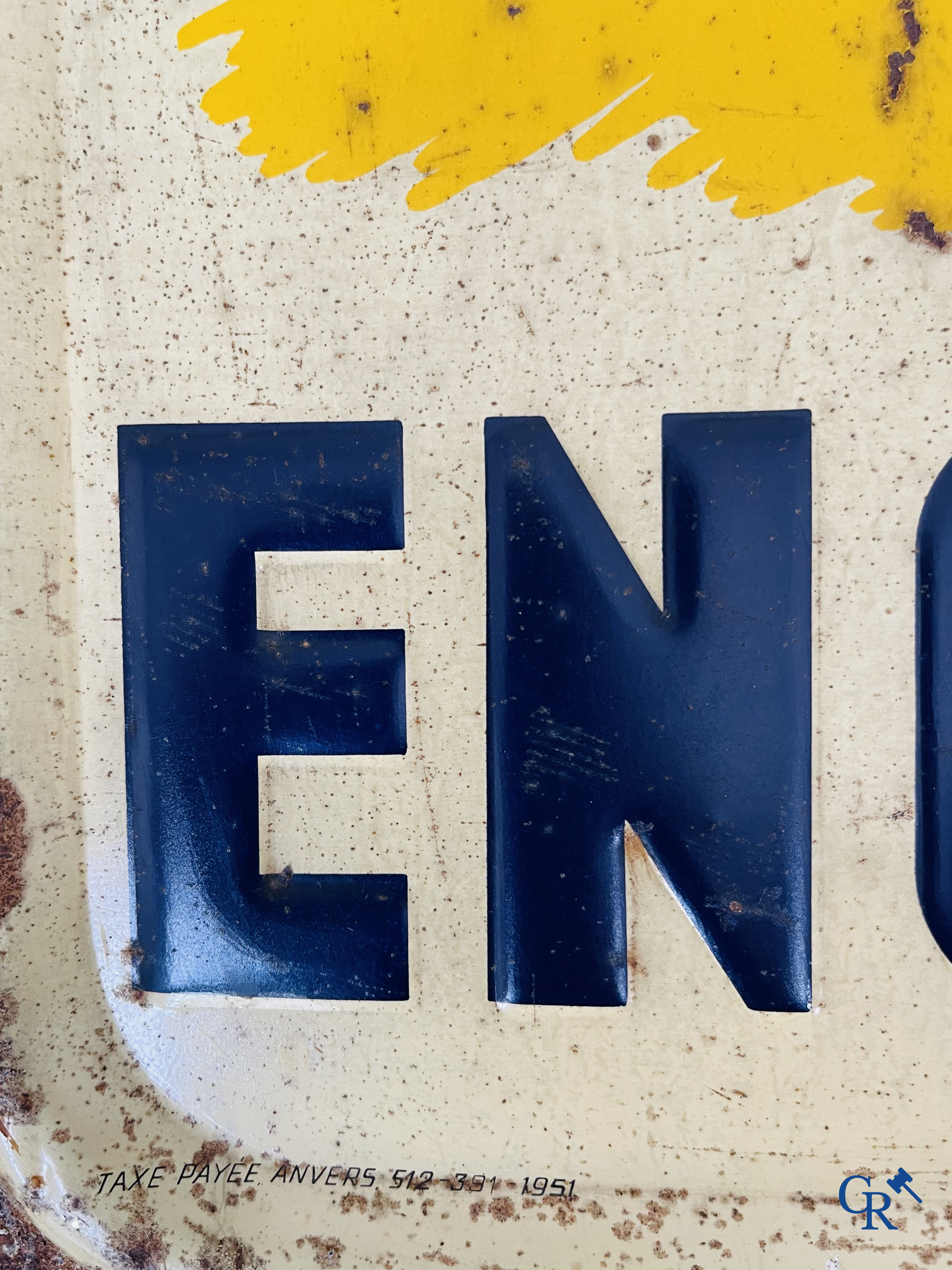 Englebert, publiciteit gedrukt op metaal voor Englebert banden. Etabl. J. Schuybroek S.A. Hoboken Anvers. 1951.