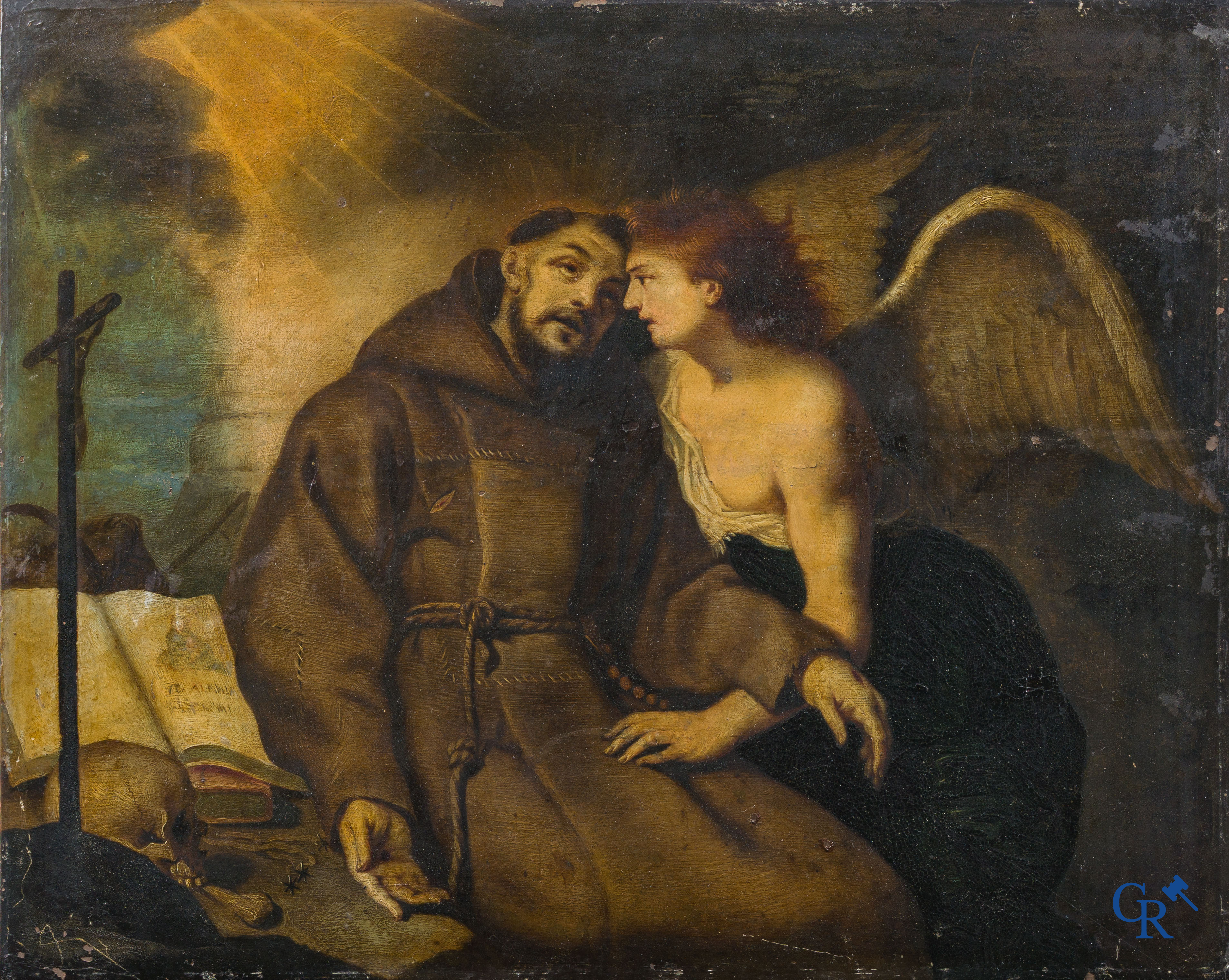 Sint Franciscus van Assisi, getroost door een engel. Olie op koper. Geparketteerd. 18e eeuw.