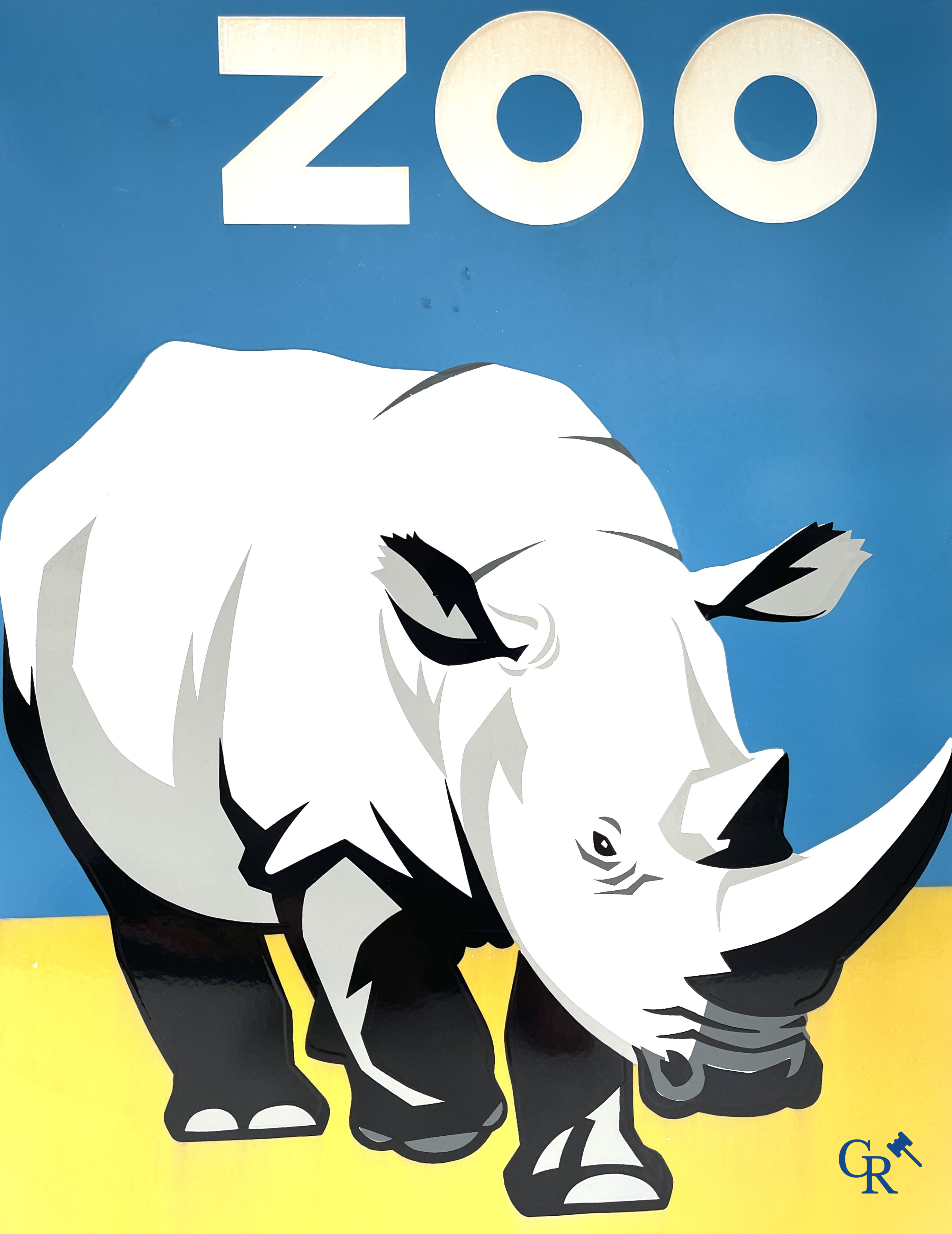 Zoo Antwerpen, Enamel advertising sign with a rhino for the Antwerp Zoo. Emaillerie Crahait, Gosselies, 1968.