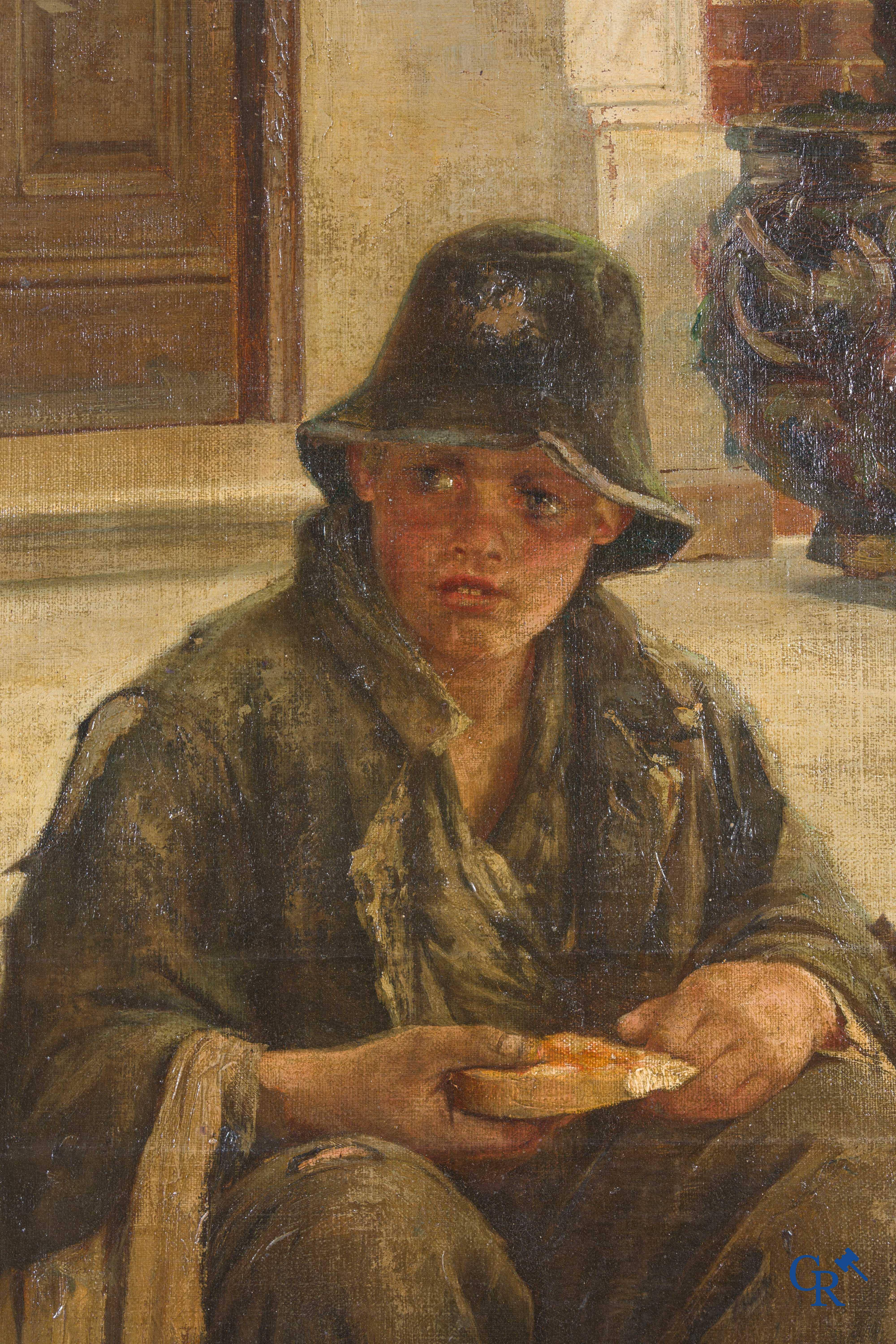 Henri Van Melle (1859-1930) "The little beggar" oil on canvas, Signed.