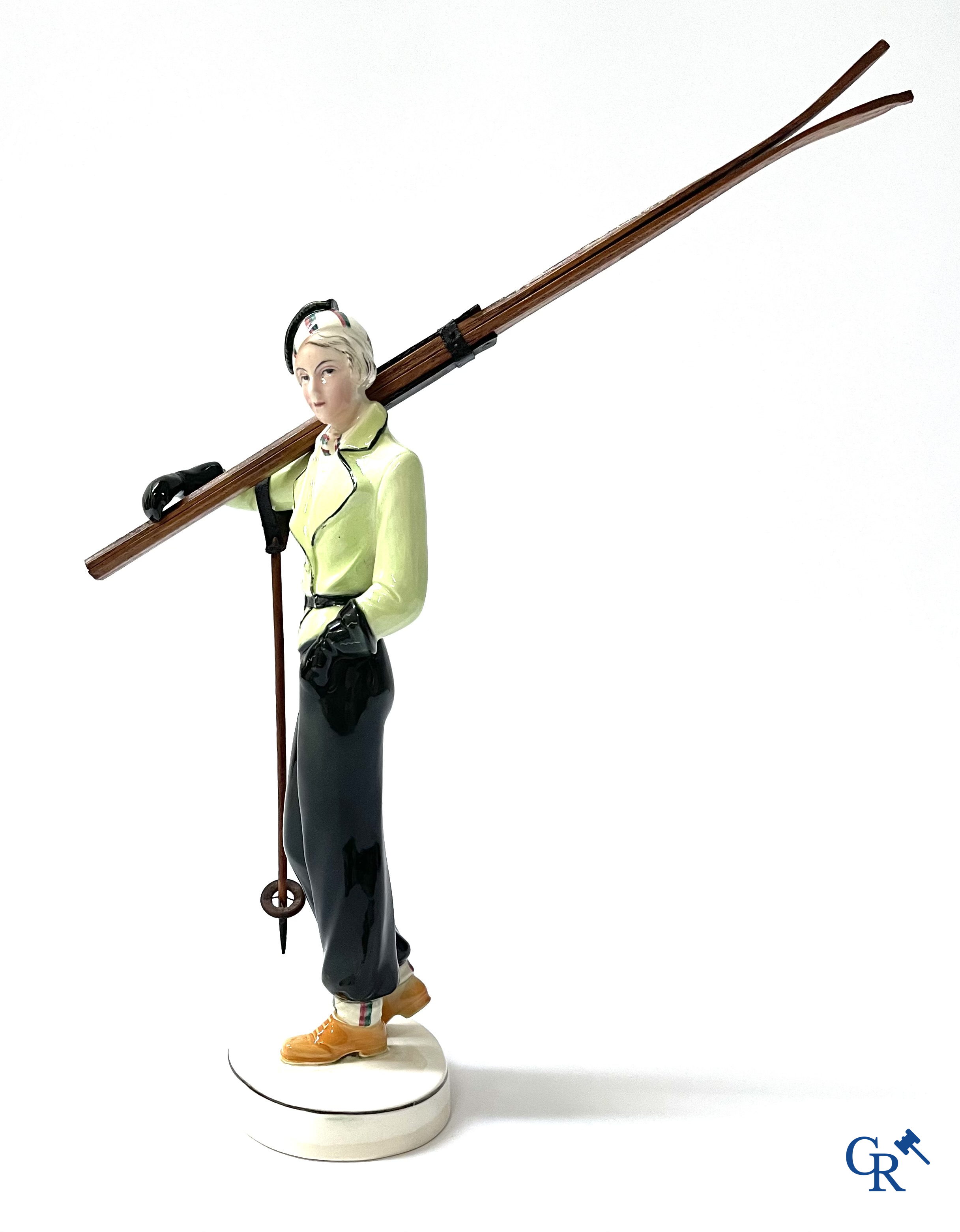 Hertwig en Company, Katzhütte, Thuringia. A skier in fine polychrome and glazed pottery. Circa 1930.