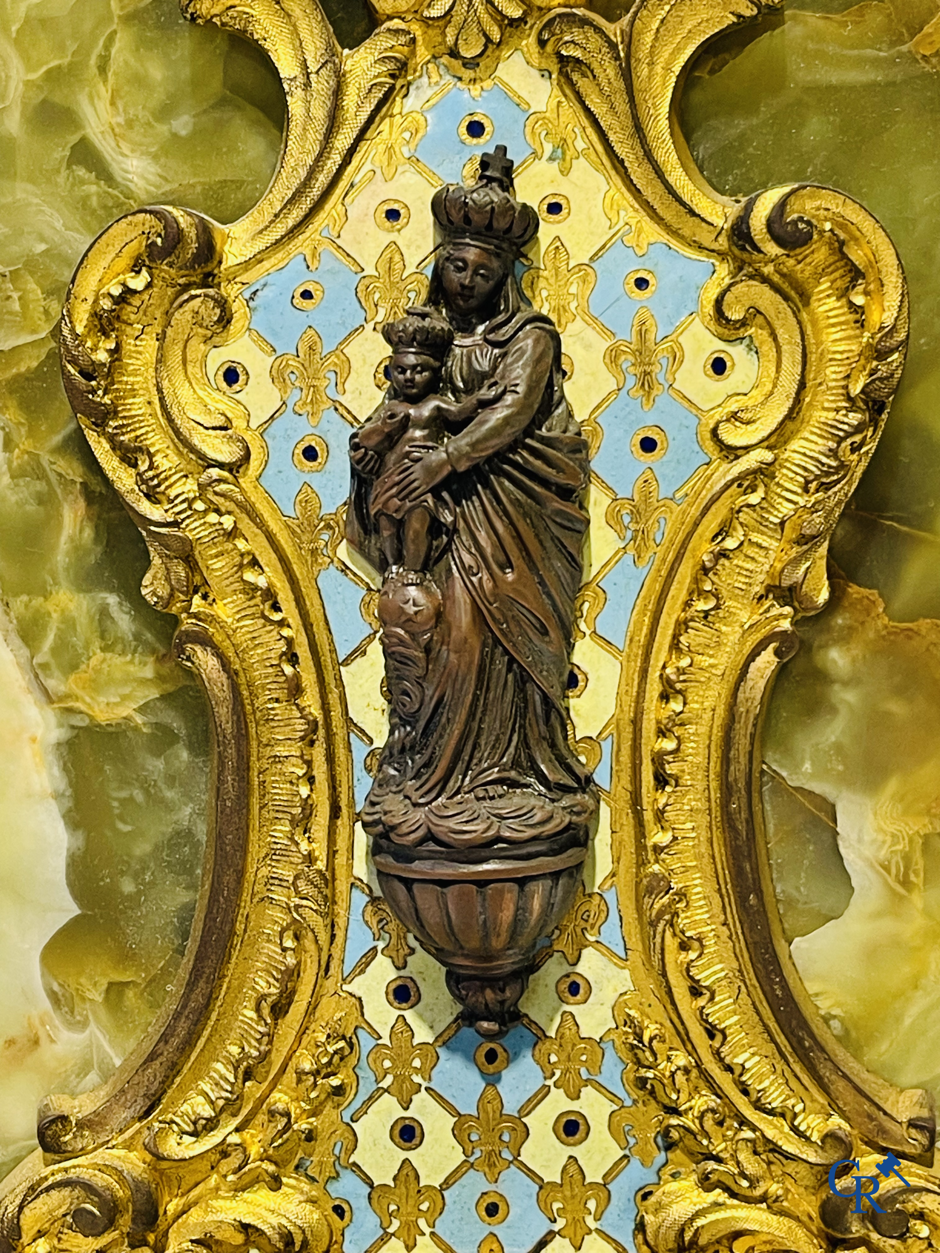 Religious objects, 2 holy water vessels in bronze and cloisonné and an alabaster statue of the sacred heart. 19th century.