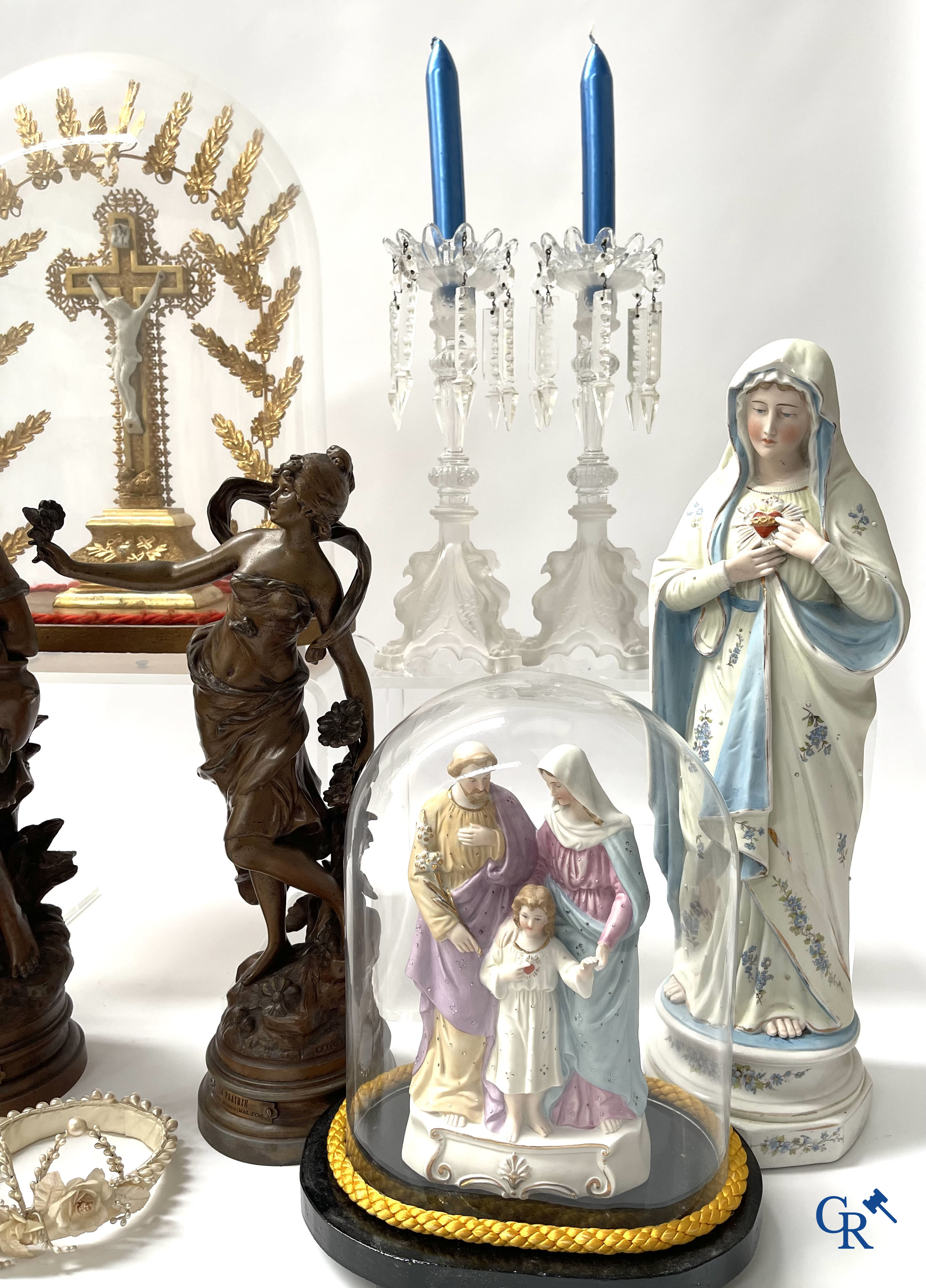 A large lot of brocante including Royal Dux, Biscuit statues, porcelain, globes, spelter statues, table lamp, chandelier etc.