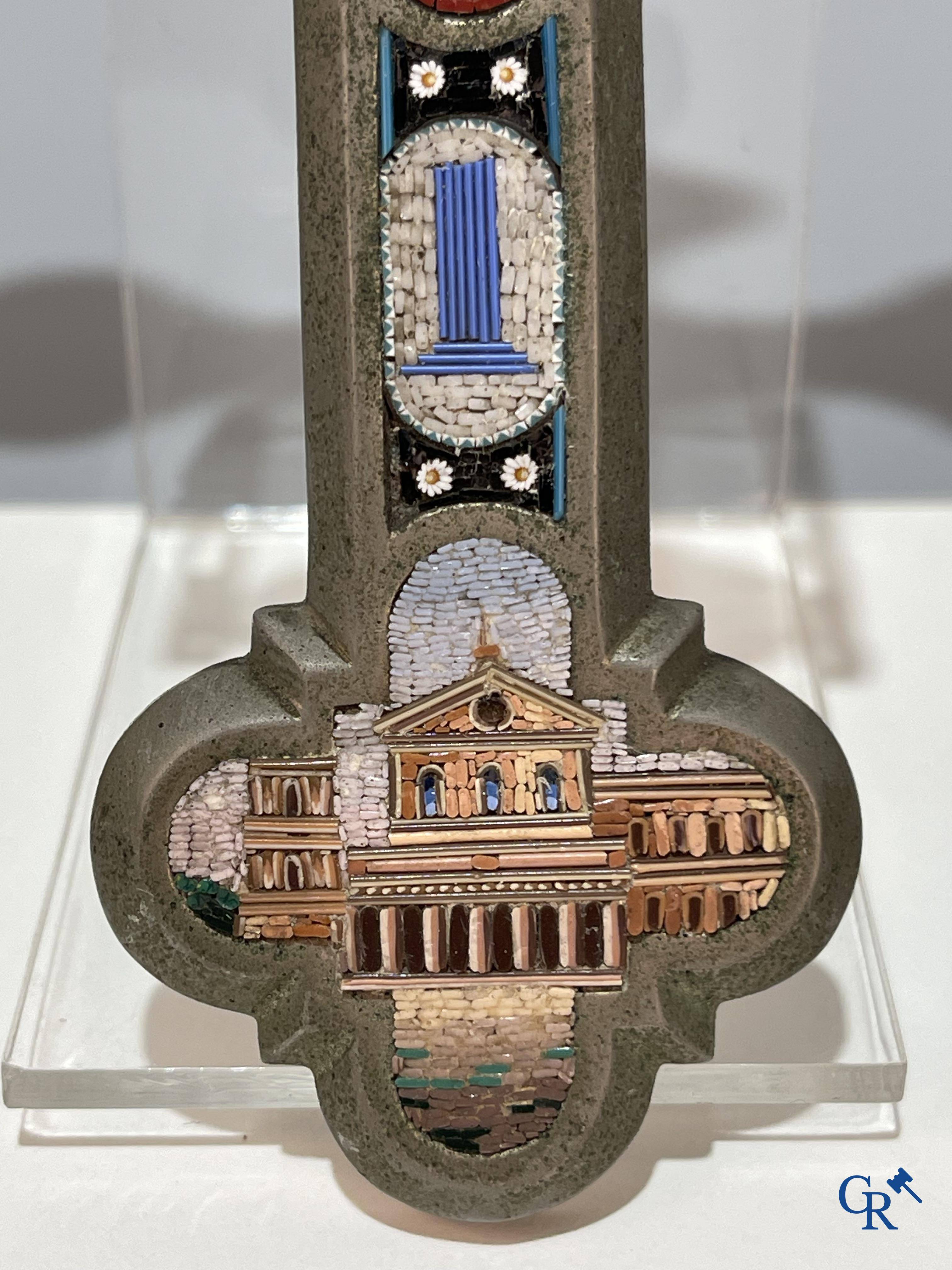 Religious objects, a bronze cross with finely inlaid micro mosaic. Late 19th century.